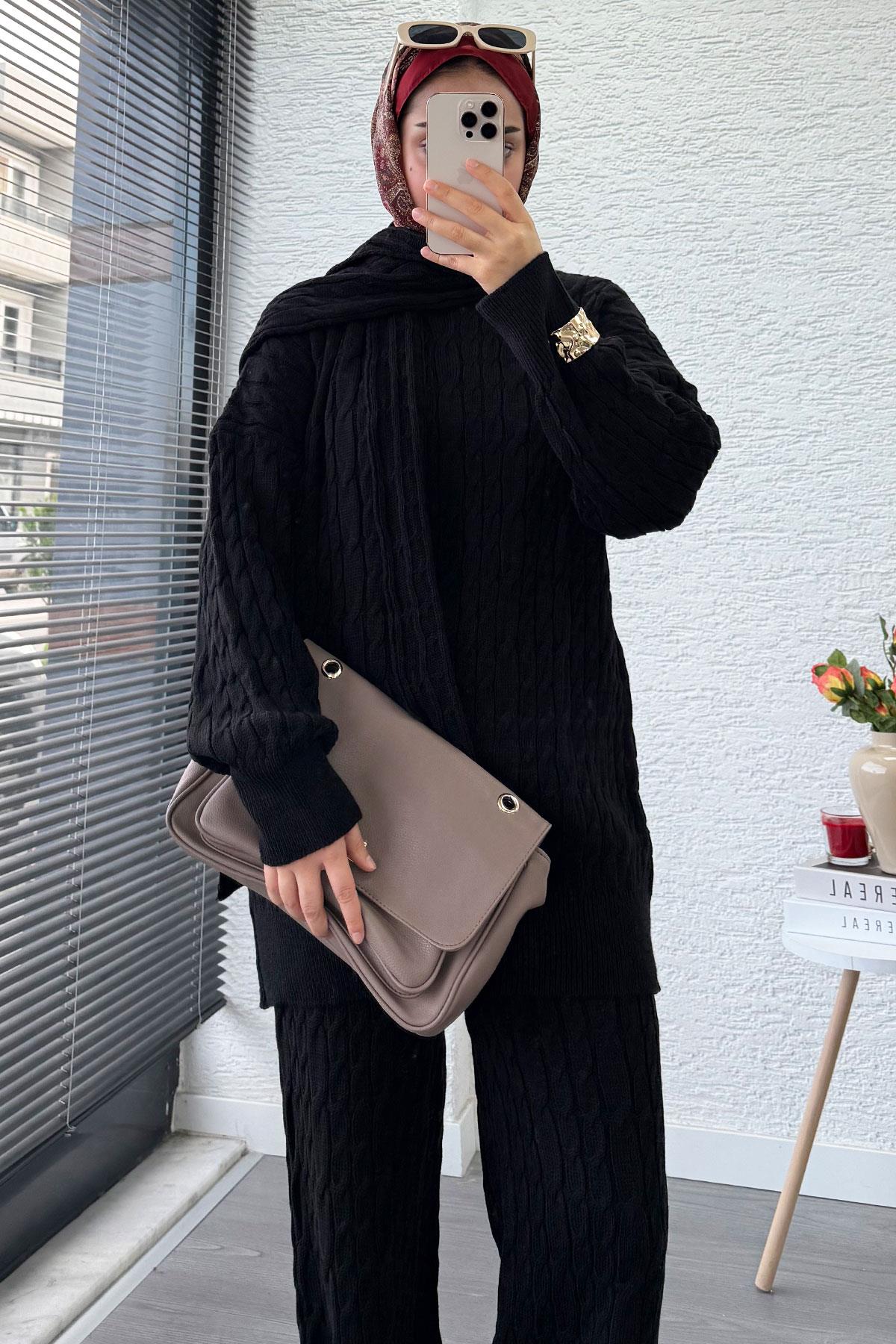 Premium Örgü Desen Atkı Detaylı Kadın Triko Takım – Siyah