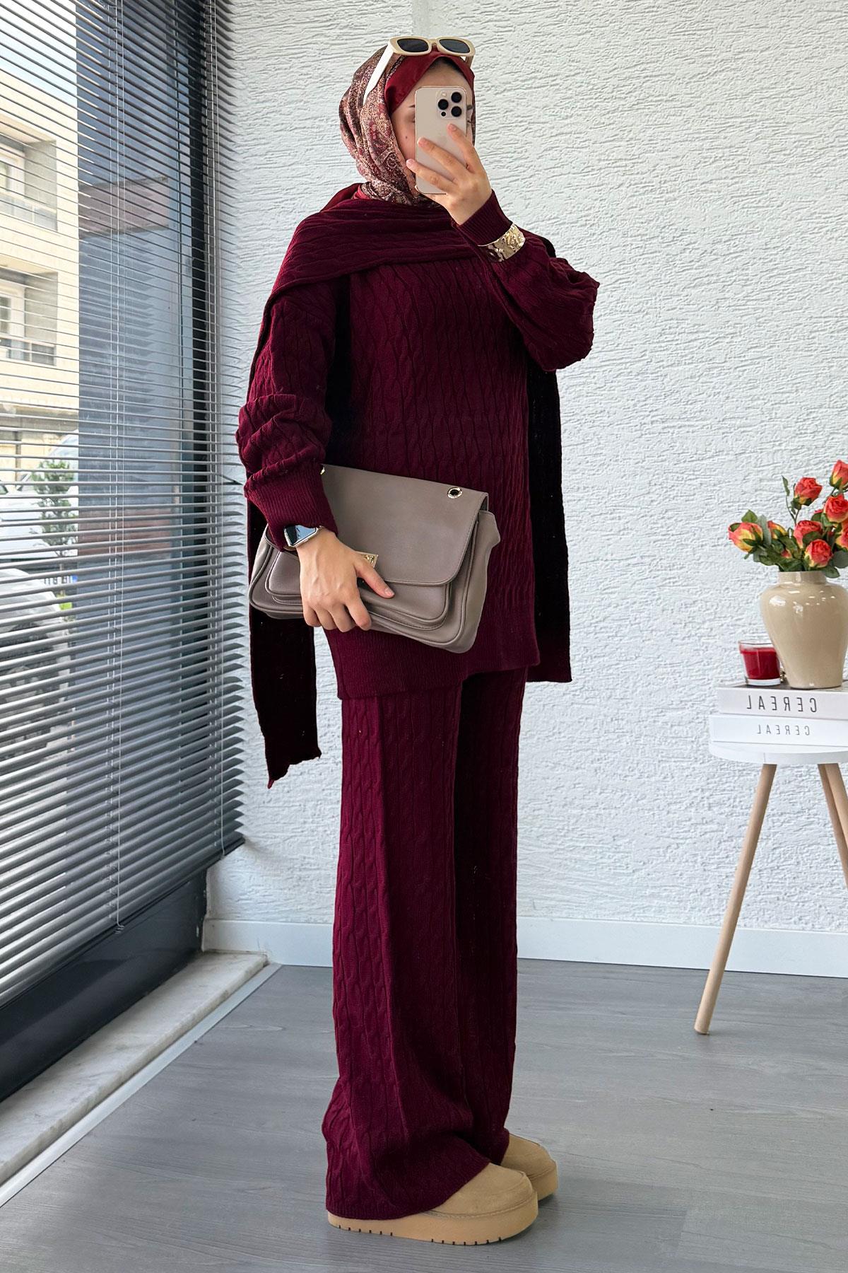 Premium Örgü Desen Atkı Detaylı Kadın Triko Takım – Bordo