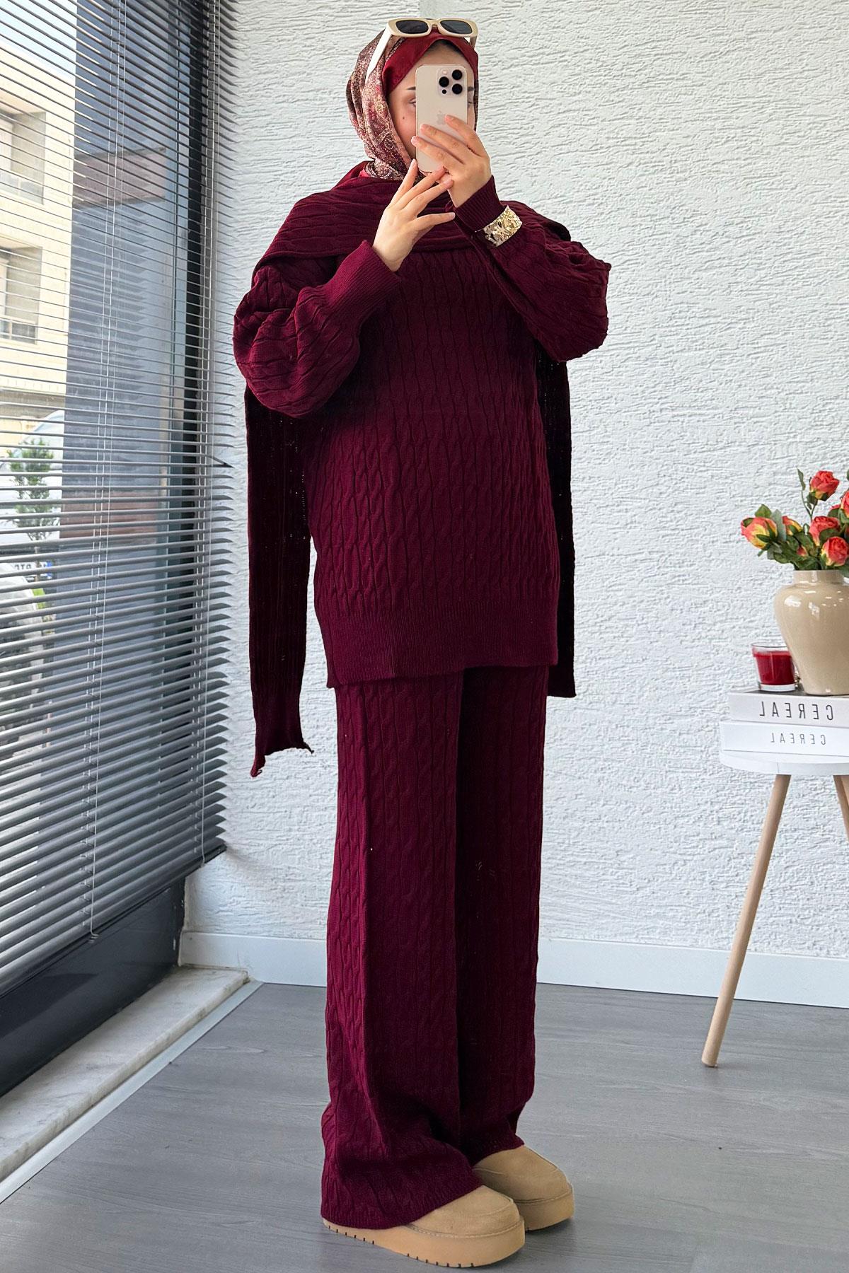 Premium Örgü Desen Atkı Detaylı Kadın Triko Takım – Bordo