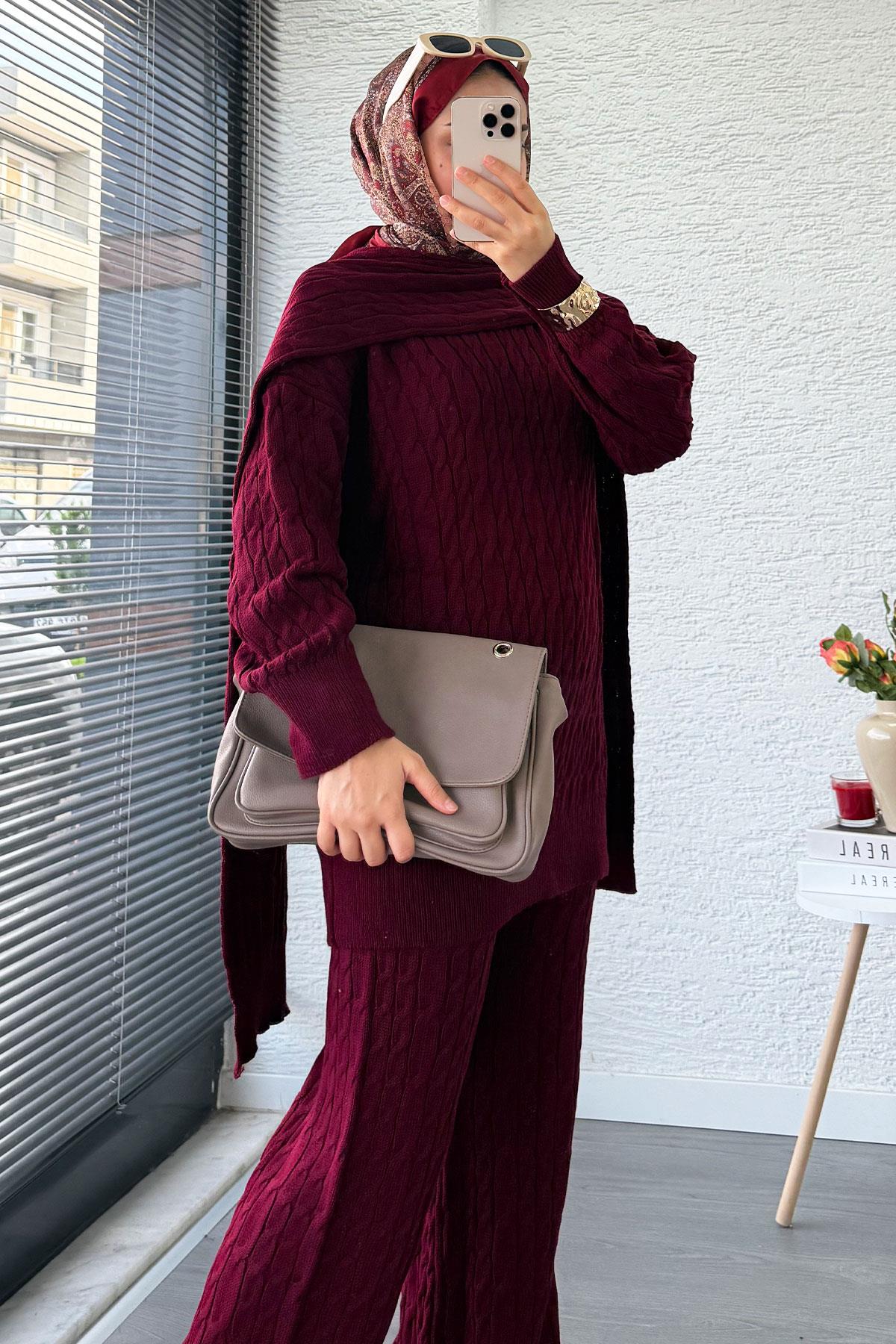 Premium Örgü Desen Atkı Detaylı Kadın Triko Takım – Bordo