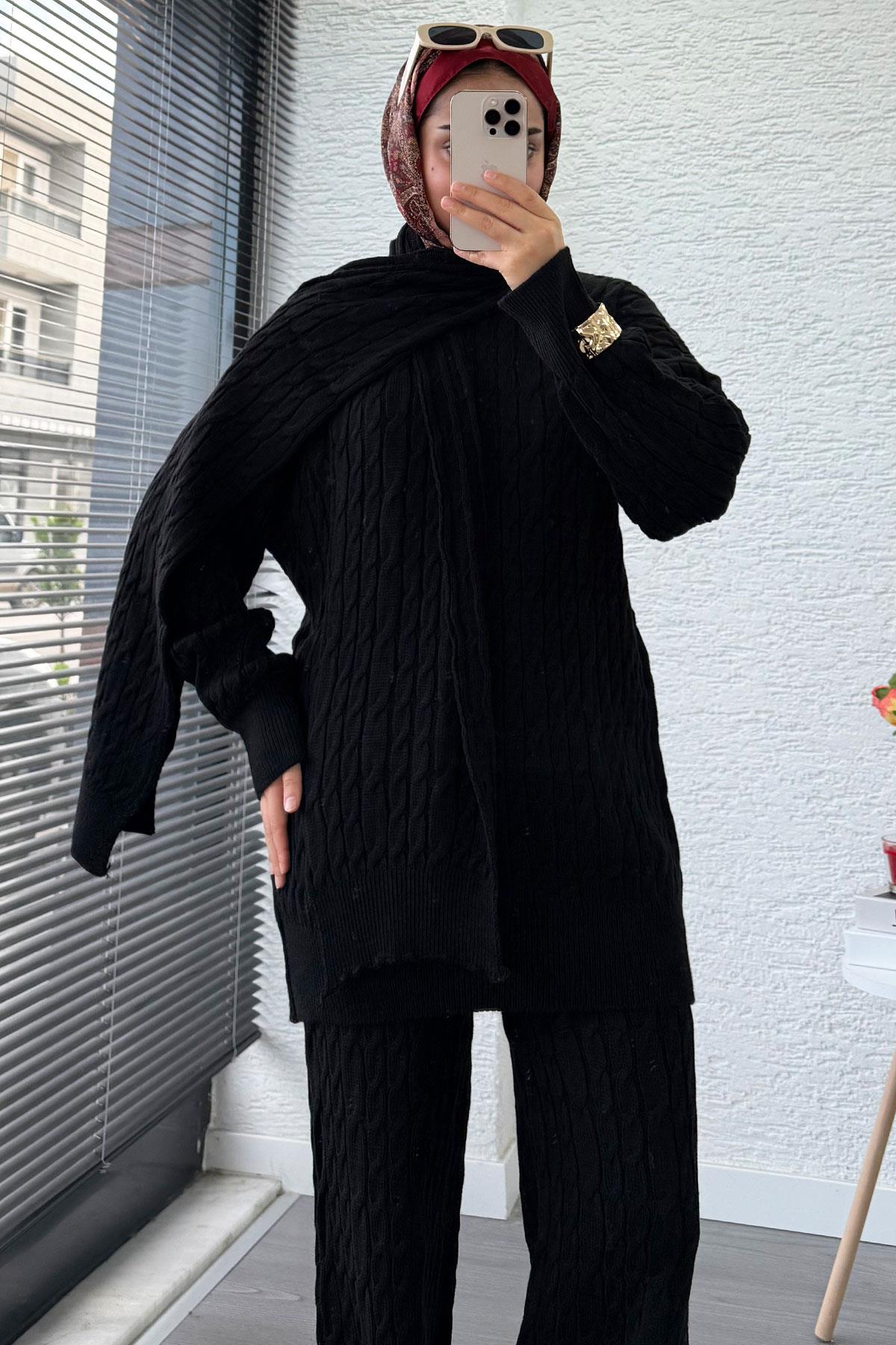 Premium Örgü Desen Atkı Detaylı Kadın Triko Takım – Siyah