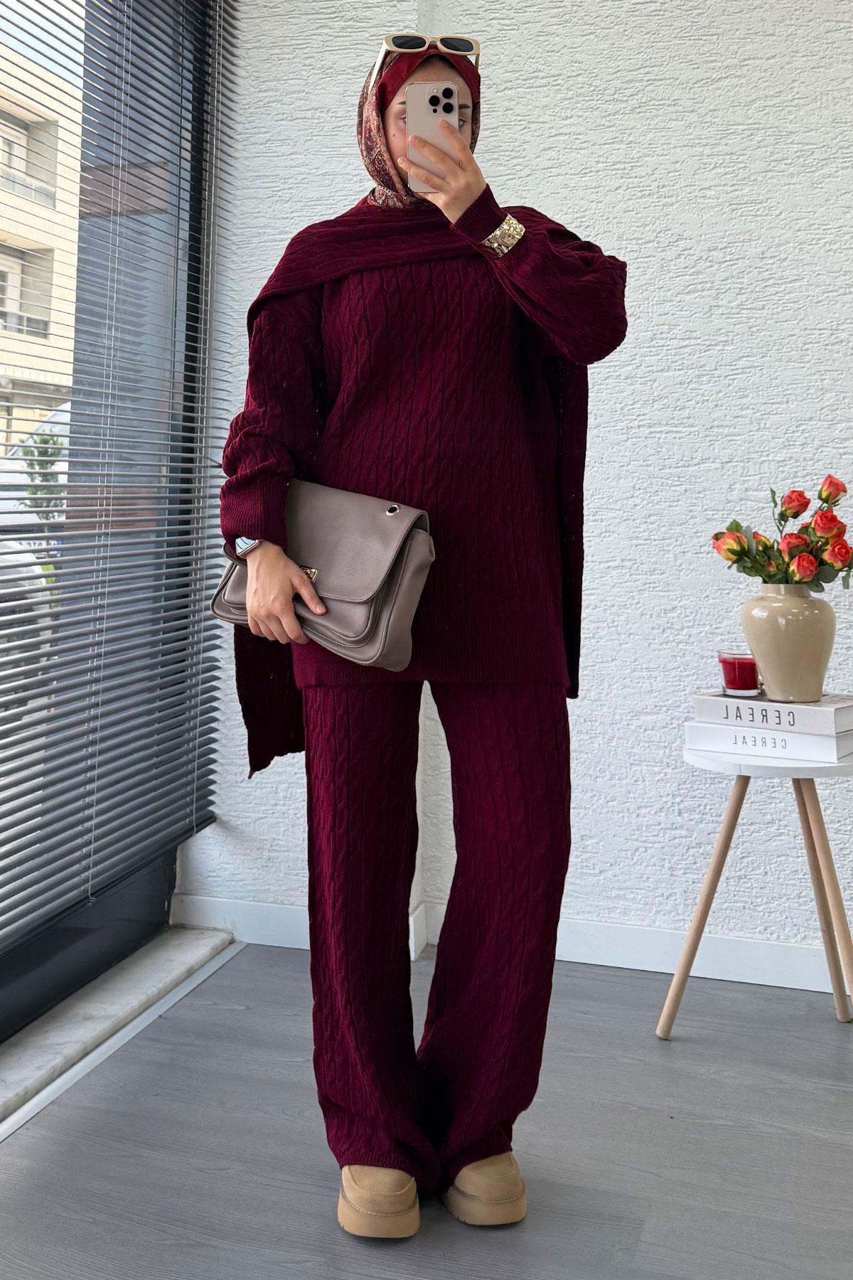 Premium Örgü Desen Atkı Detaylı Kadın Triko Takım – Bordo