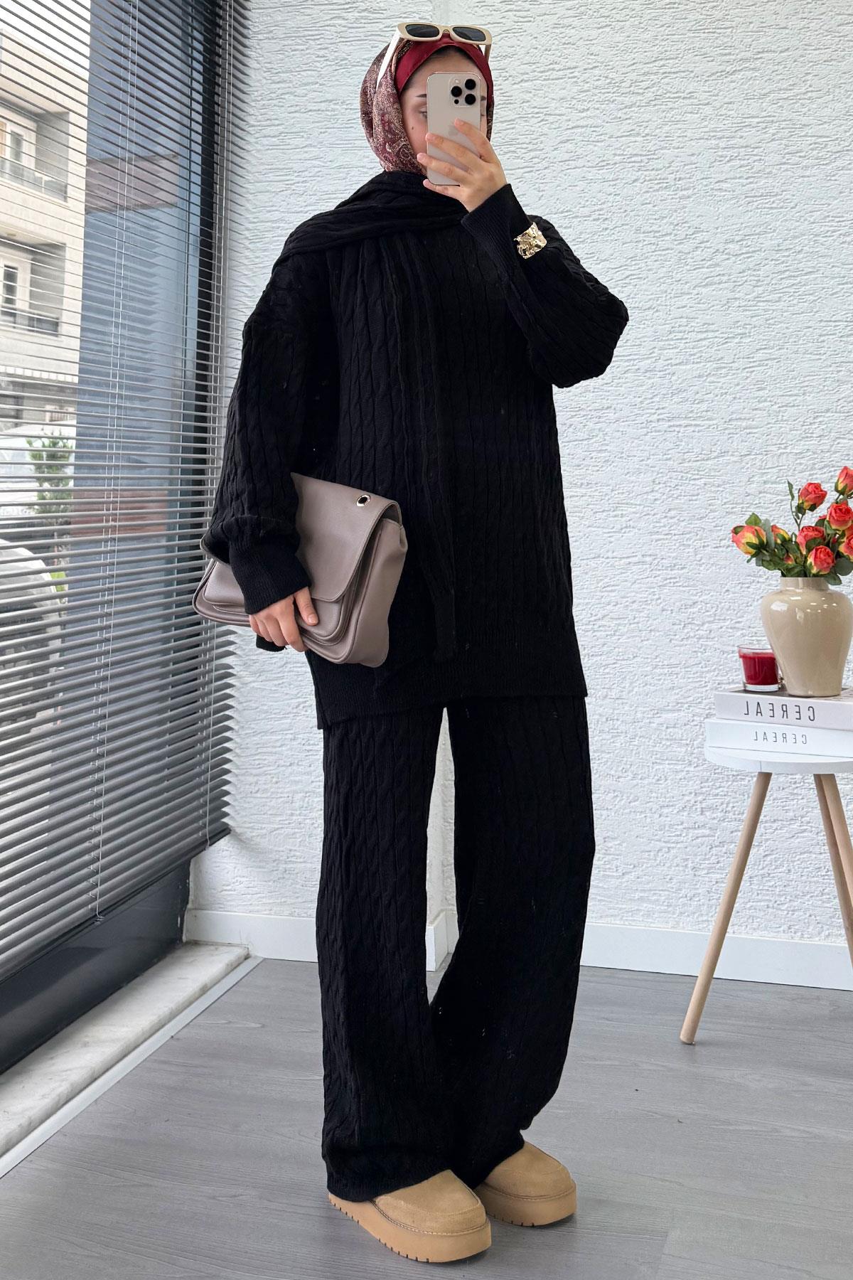 Premium Örgü Desen Atkı Detaylı Kadın Triko Takım – Siyah