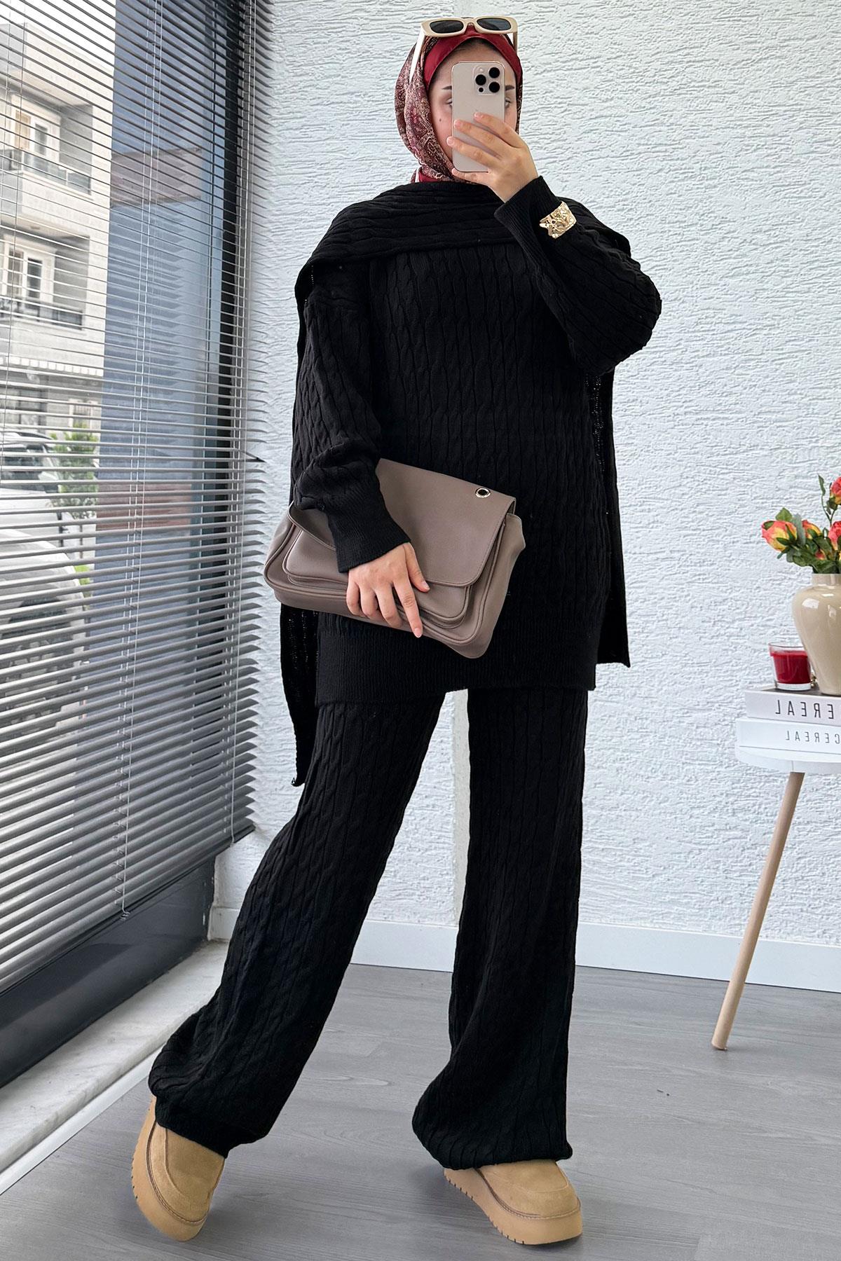 Premium Örgü Desen Atkı Detaylı Kadın Triko Takım – Siyah