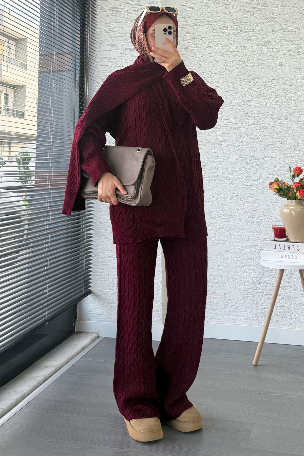 Premium Örgü Desen Atkı Detaylı Kadın Triko Takım – Bordo