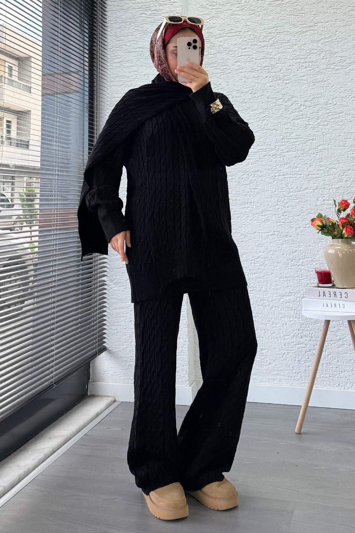 Premium Örgü Desen Atkı Detaylı Kadın Triko Takım – Siyah