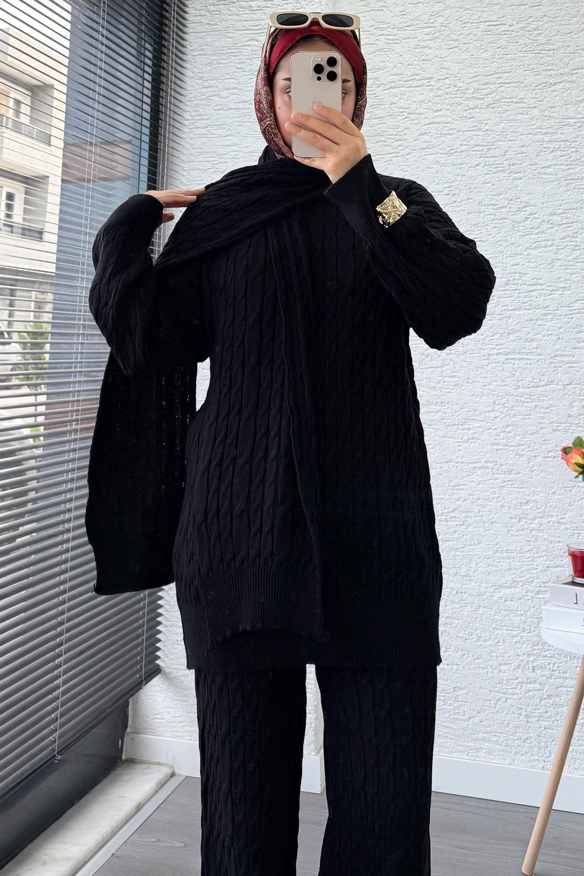 Premium Örgü Desen Atkı Detaylı Kadın Triko Takım – Siyah