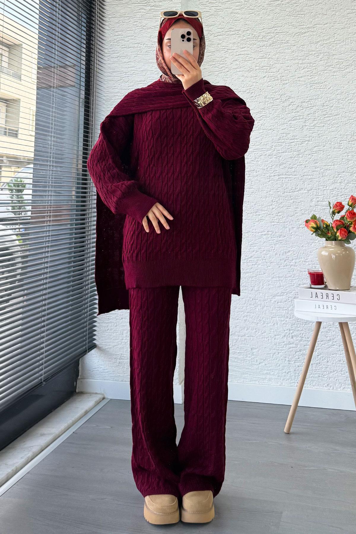 Premium Örgü Desen Atkı Detaylı Kadın Triko Takım – Bordo