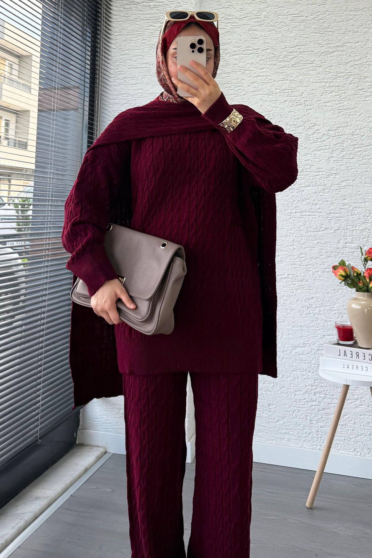 Premium Örgü Desen Atkı Detaylı Kadın Triko Takım – Bordo