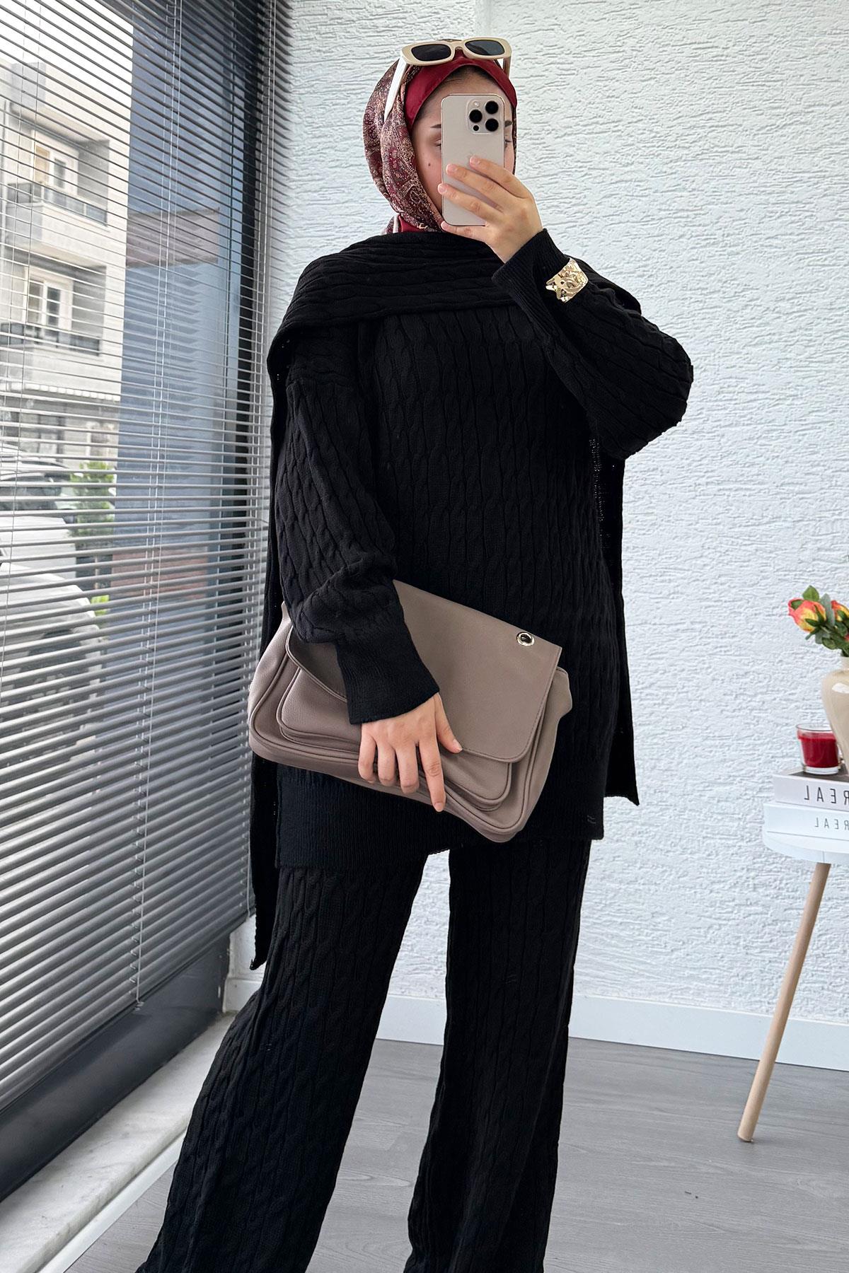 Premium Örgü Desen Atkı Detaylı Kadın Triko Takım – Siyah