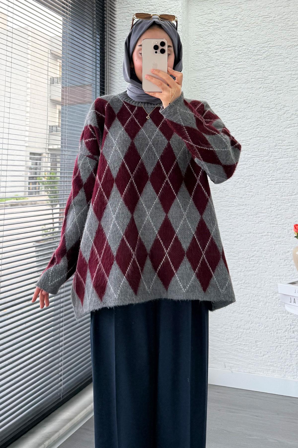 Premium Oversize Baklava Desen Kadın Triko Kazak – Bordo