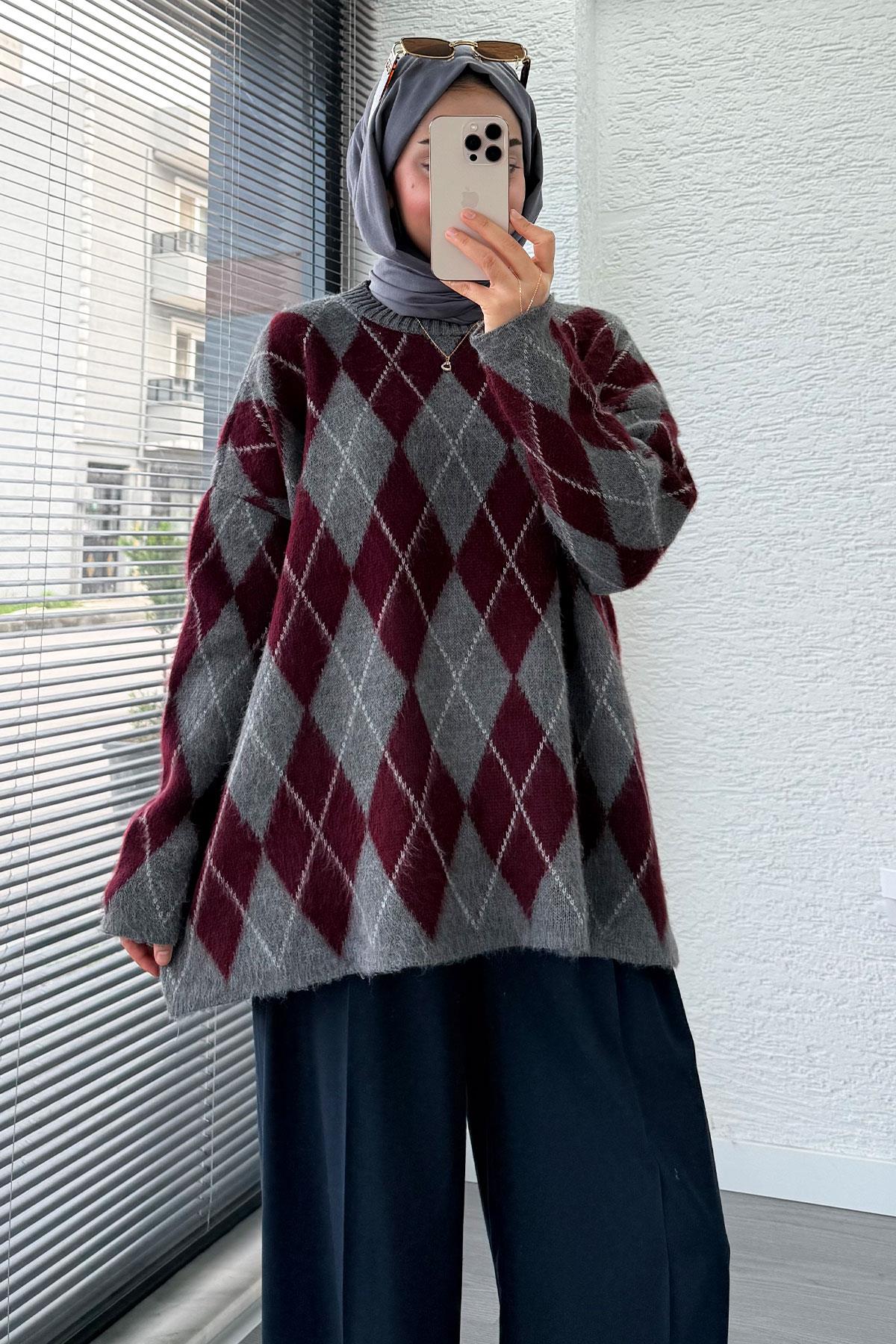 Premium Oversize Baklava Desen Kadın Triko Kazak – Bordo