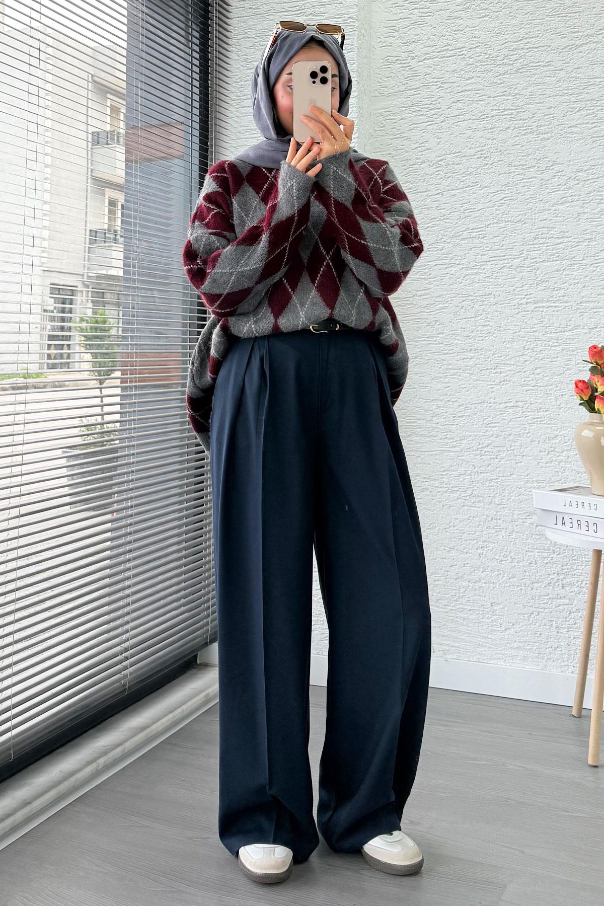 Premium Oversize Baklava Desen Kadın Triko Kazak – Bordo