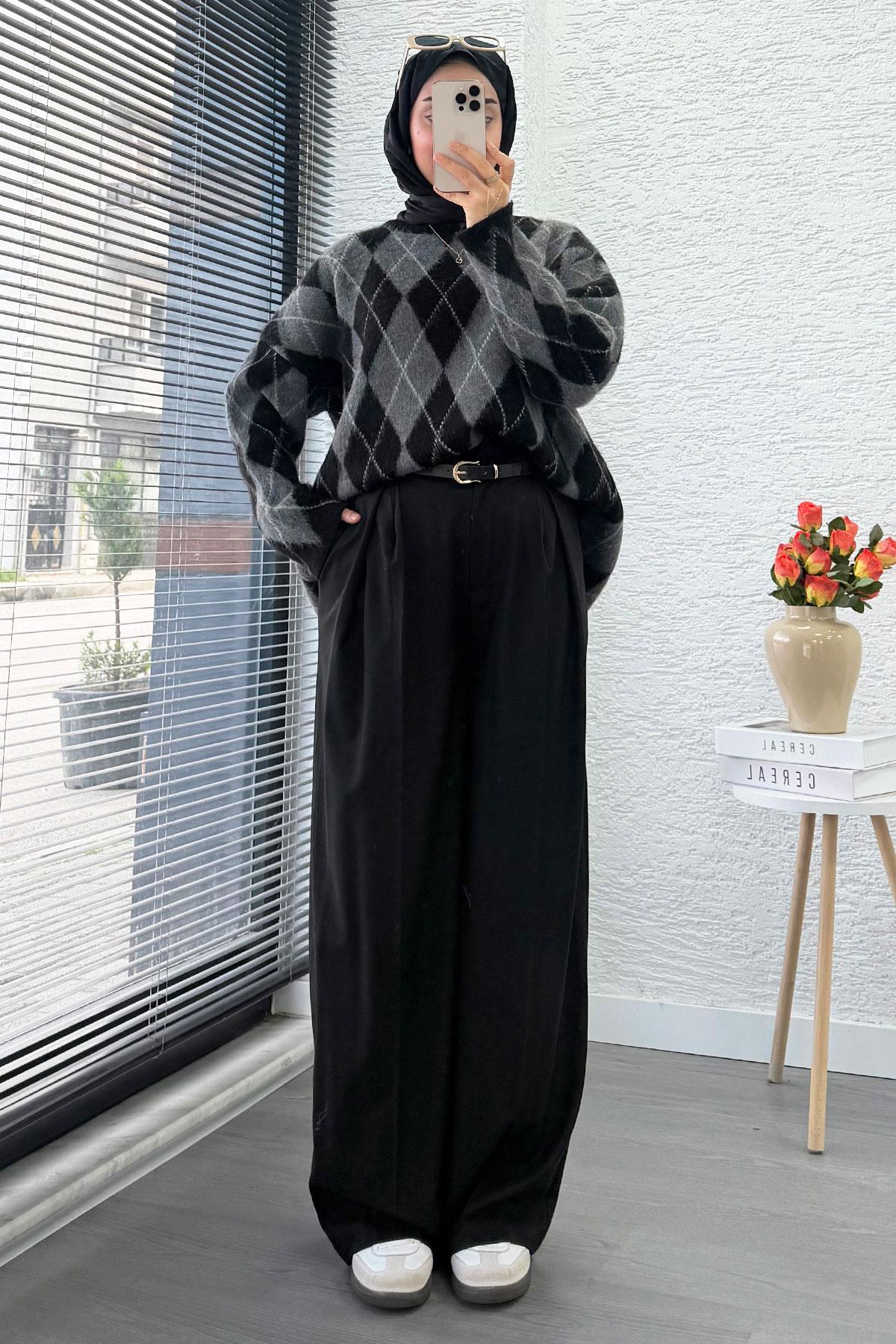 Premium Oversize Baklava Desen Kadın Triko Kazak – Siyah