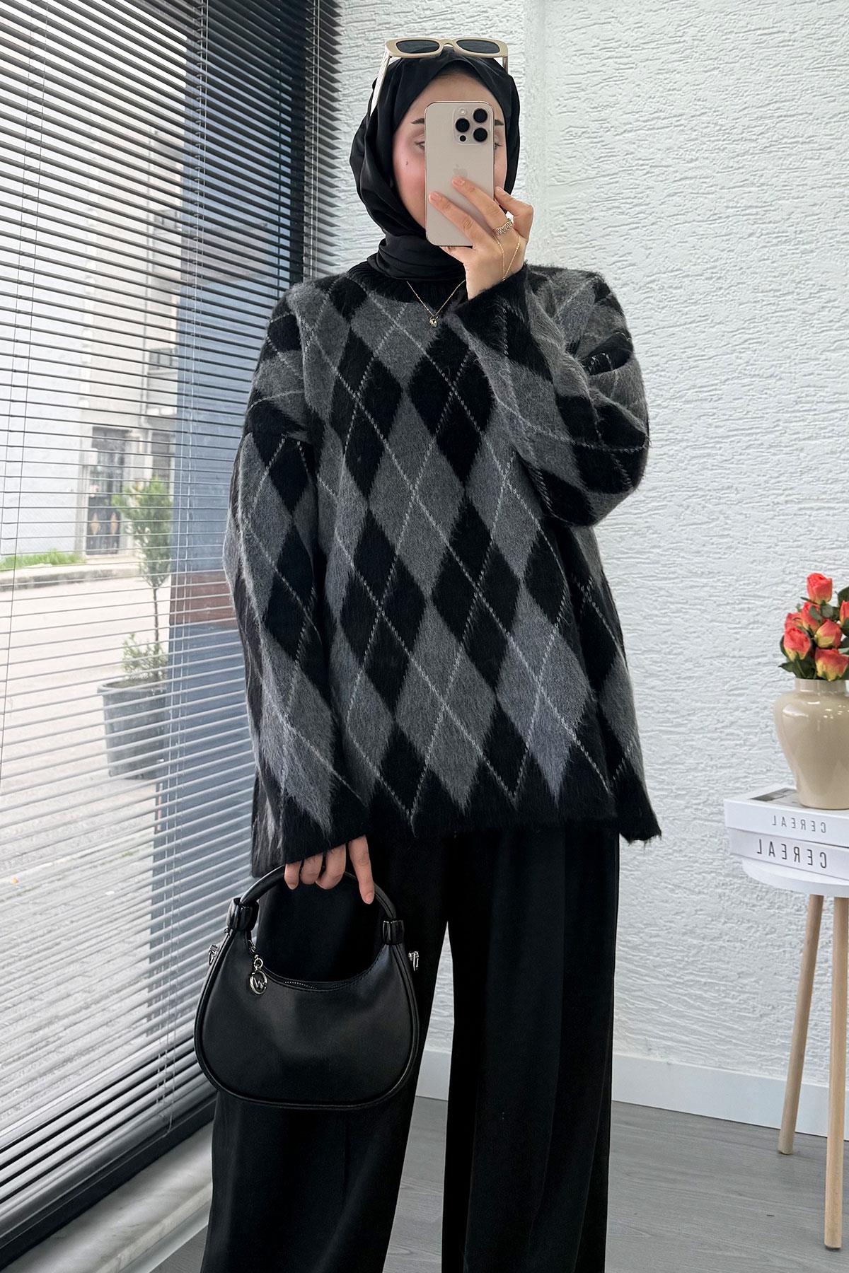 Premium Oversize Baklava Desen Kadın Triko Kazak – Siyah