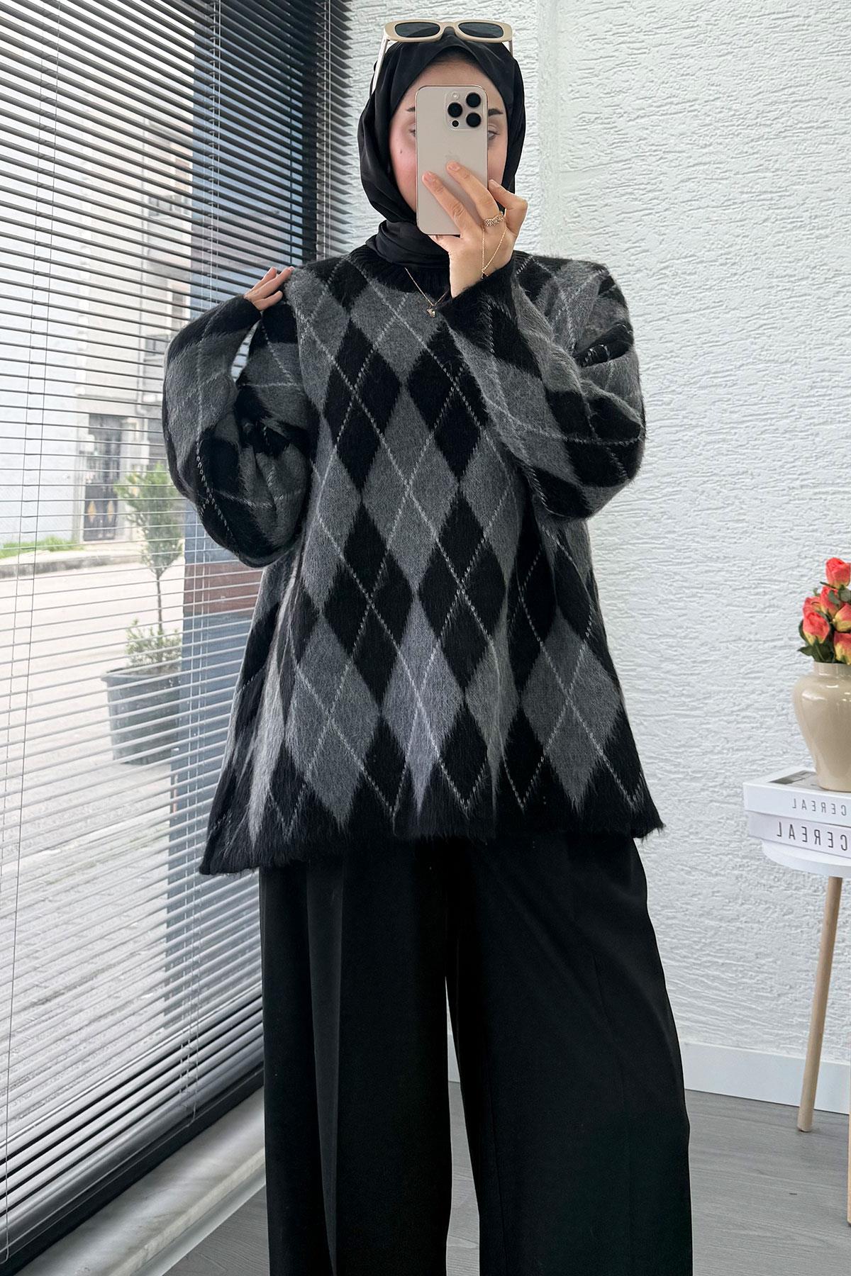 Premium Oversize Baklava Desen Kadın Triko Kazak – Siyah