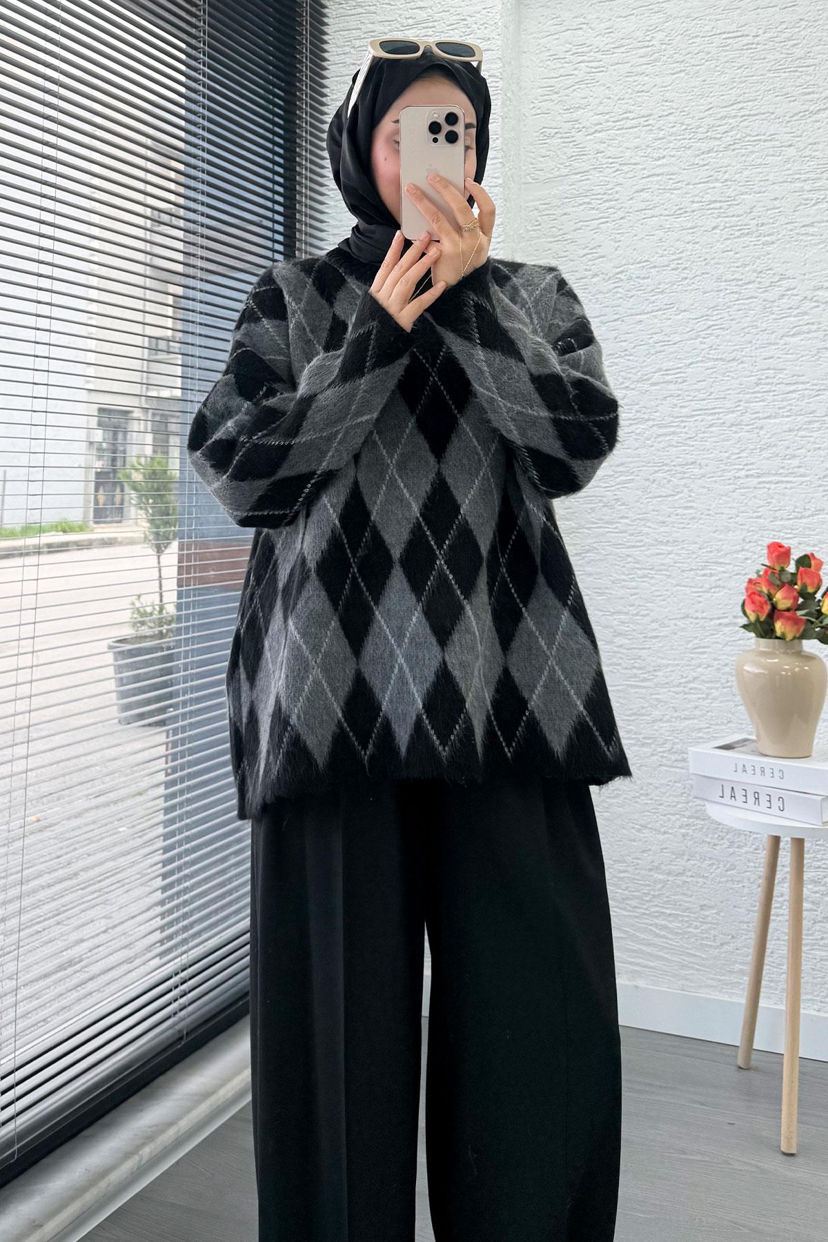 Premium Oversize Baklava Desen Kadın Triko Kazak – Siyah