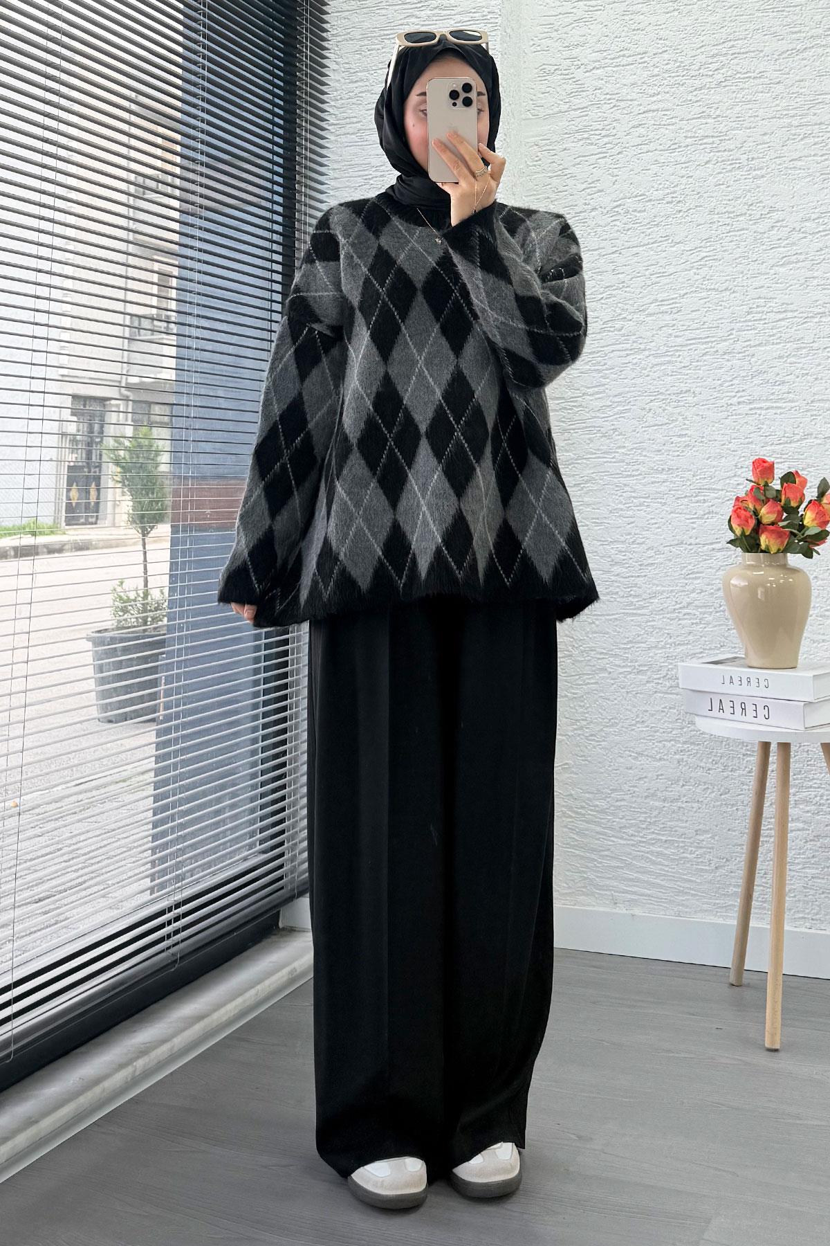 Premium Oversize Baklava Desen Kadın Triko Kazak – Siyah