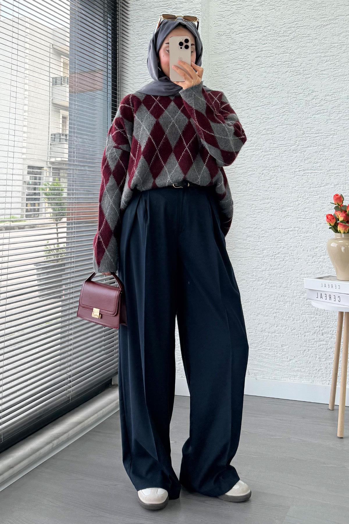 Premium Oversize Baklava Desen Kadın Triko Kazak – Bordo