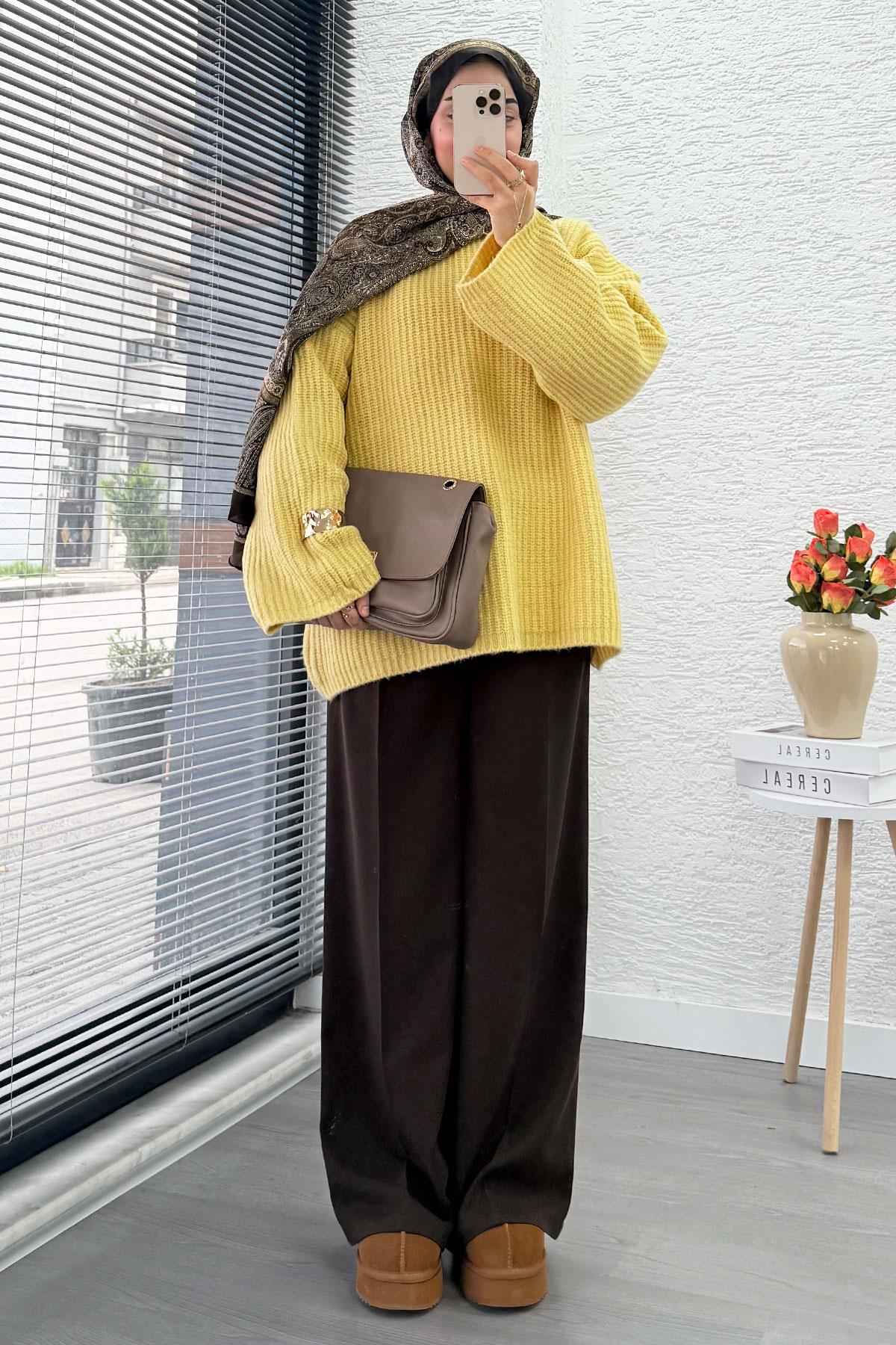 Premium Oversize Basic Kadın Triko Kazak – Sarı