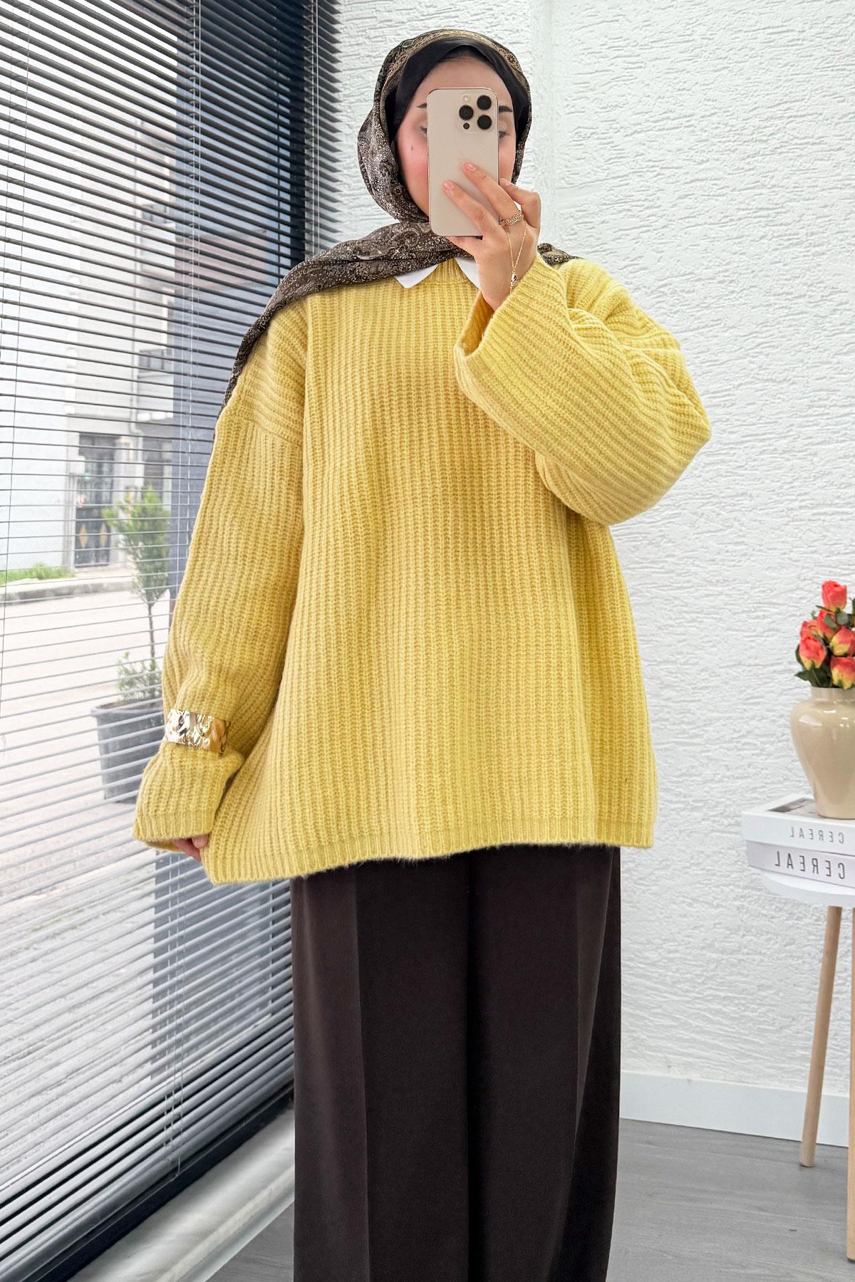 Premium Oversize Basic Kadın Triko Kazak – Sarı