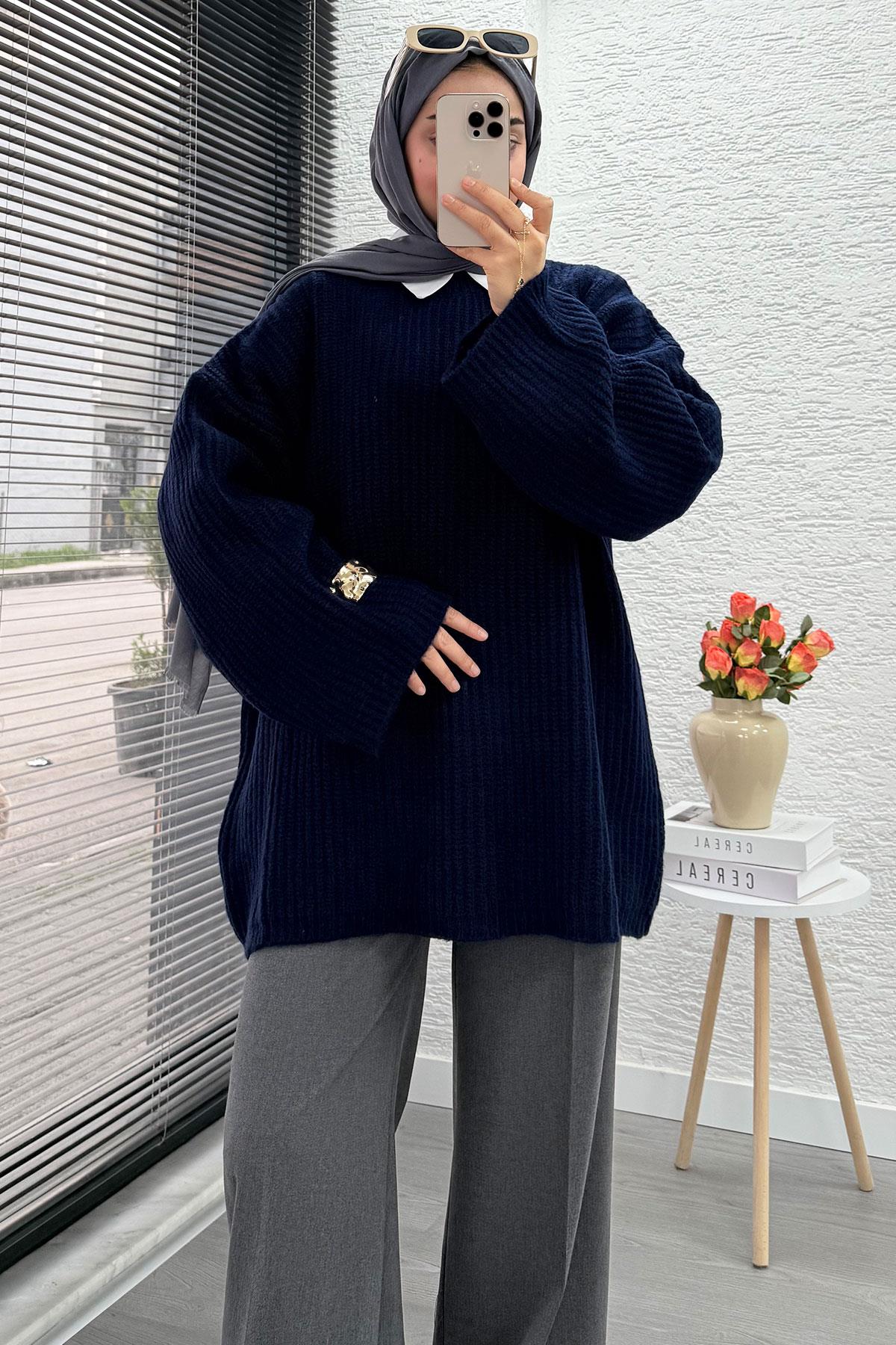 Premium Oversize Basic Kadın Triko Kazak – Lacivert