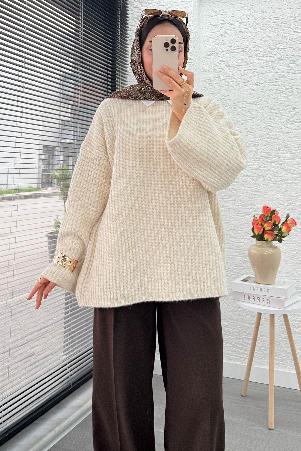 Premium Oversize Basic Kadın Triko Kazak – Krem