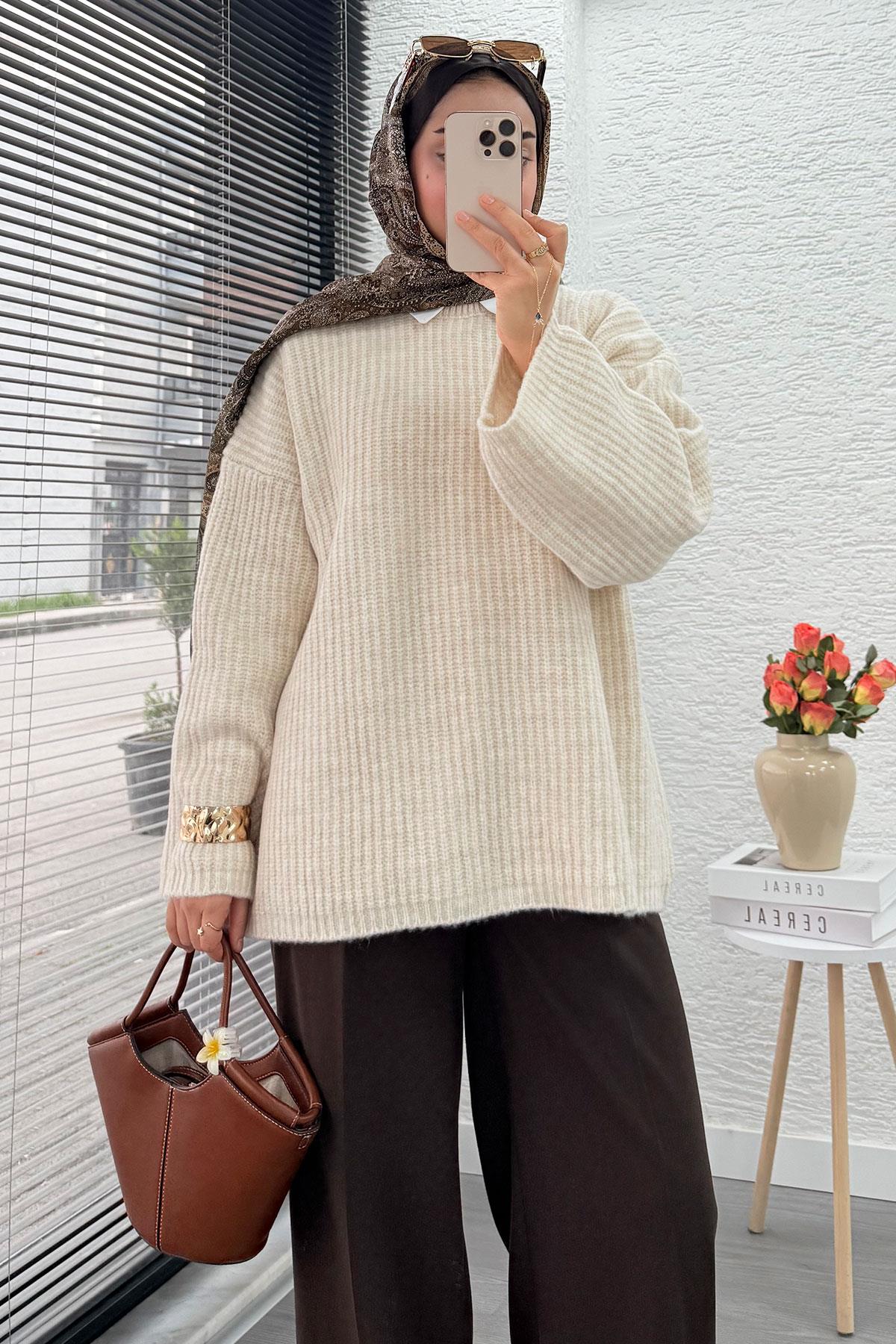 Premium Oversize Basic Kadın Triko Kazak – Krem