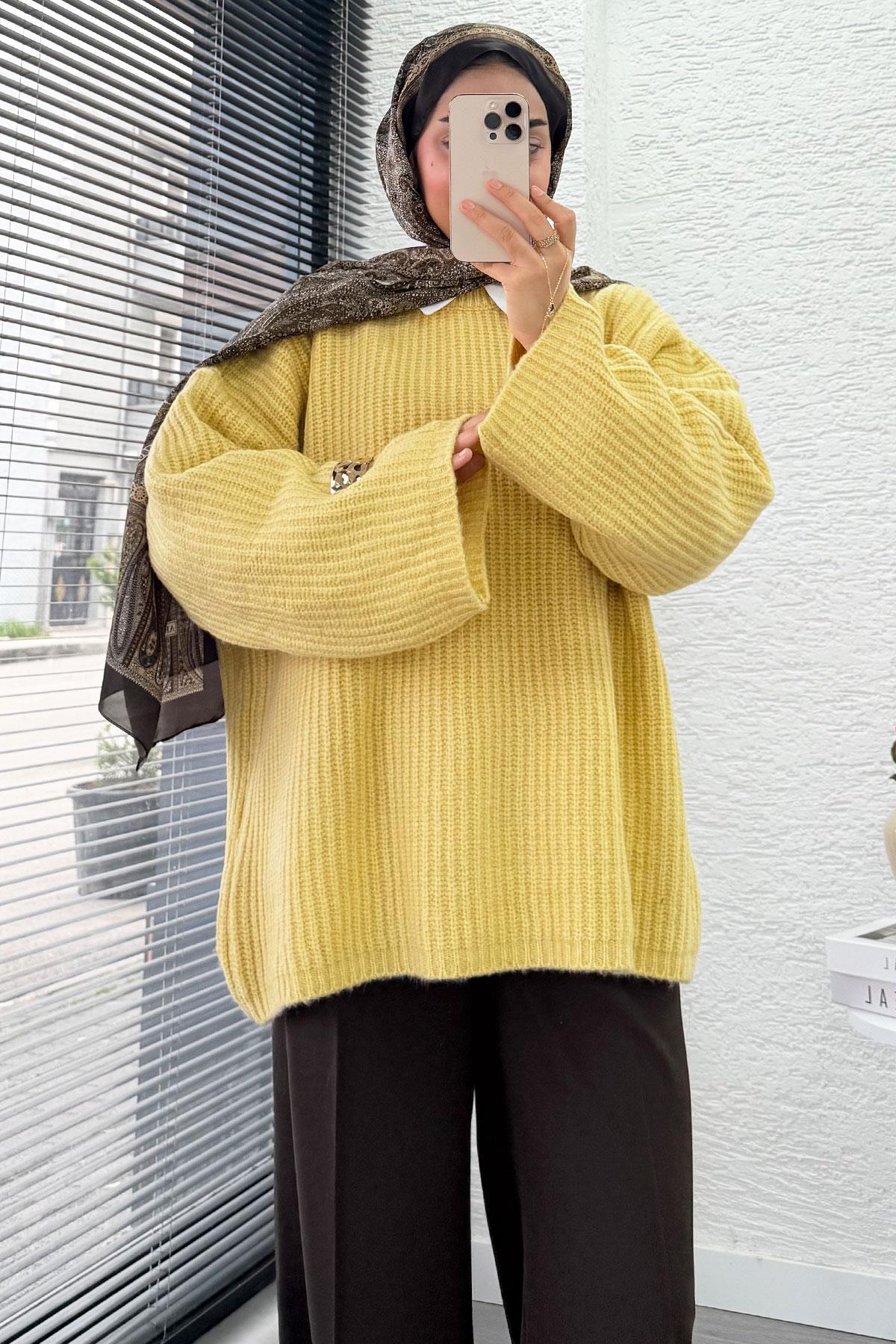 Premium Oversize Basic Kadın Triko Kazak – Sarı