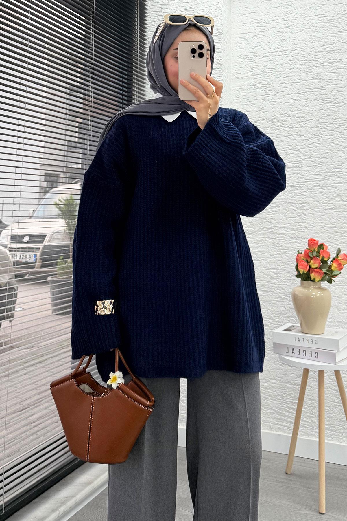 Premium Oversize Basic Kadın Triko Kazak – Lacivert