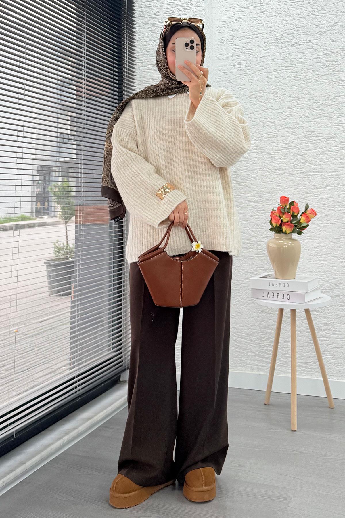 Premium Oversize Basic Kadın Triko Kazak – Krem