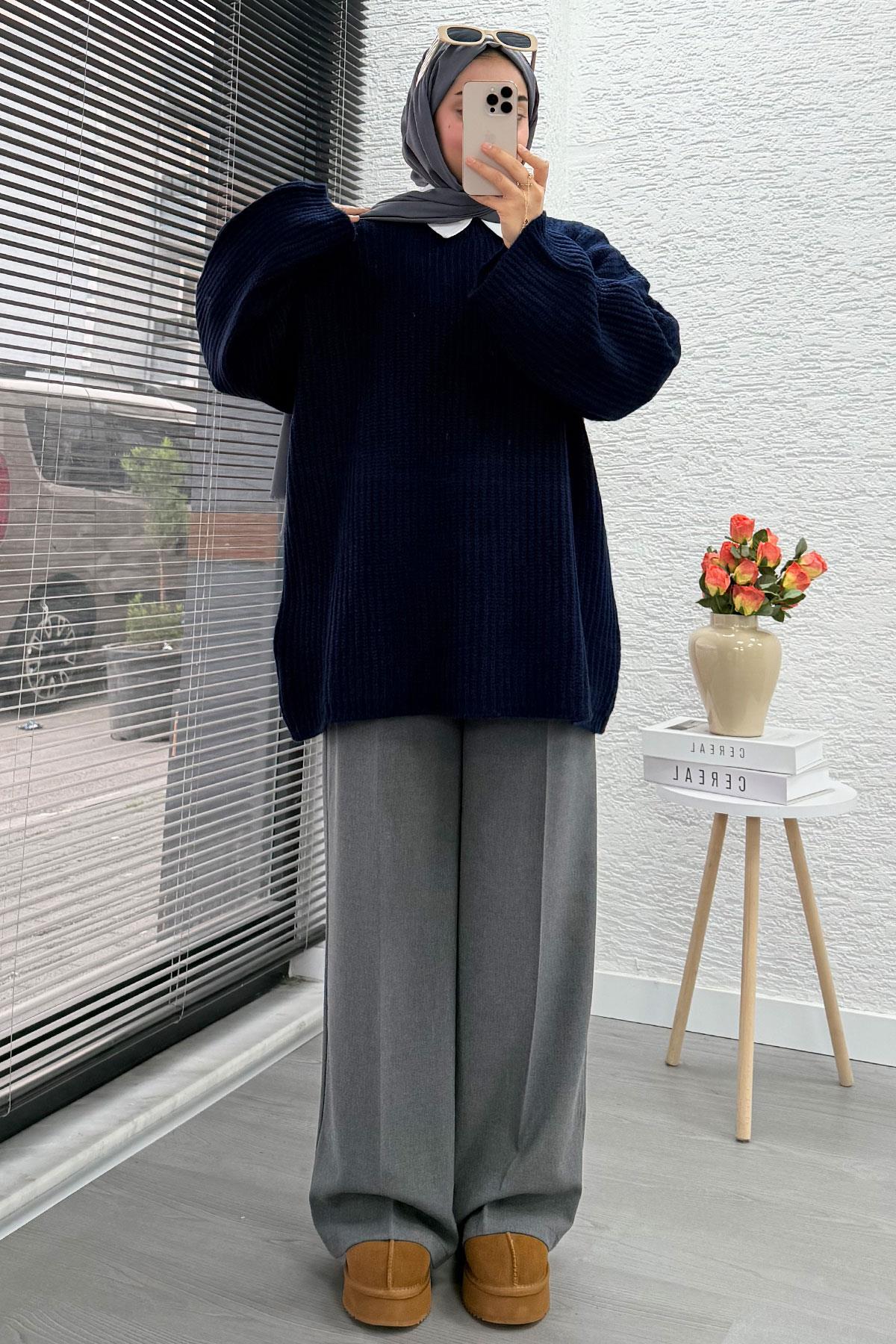 Premium Oversize Basic Kadın Triko Kazak – Lacivert