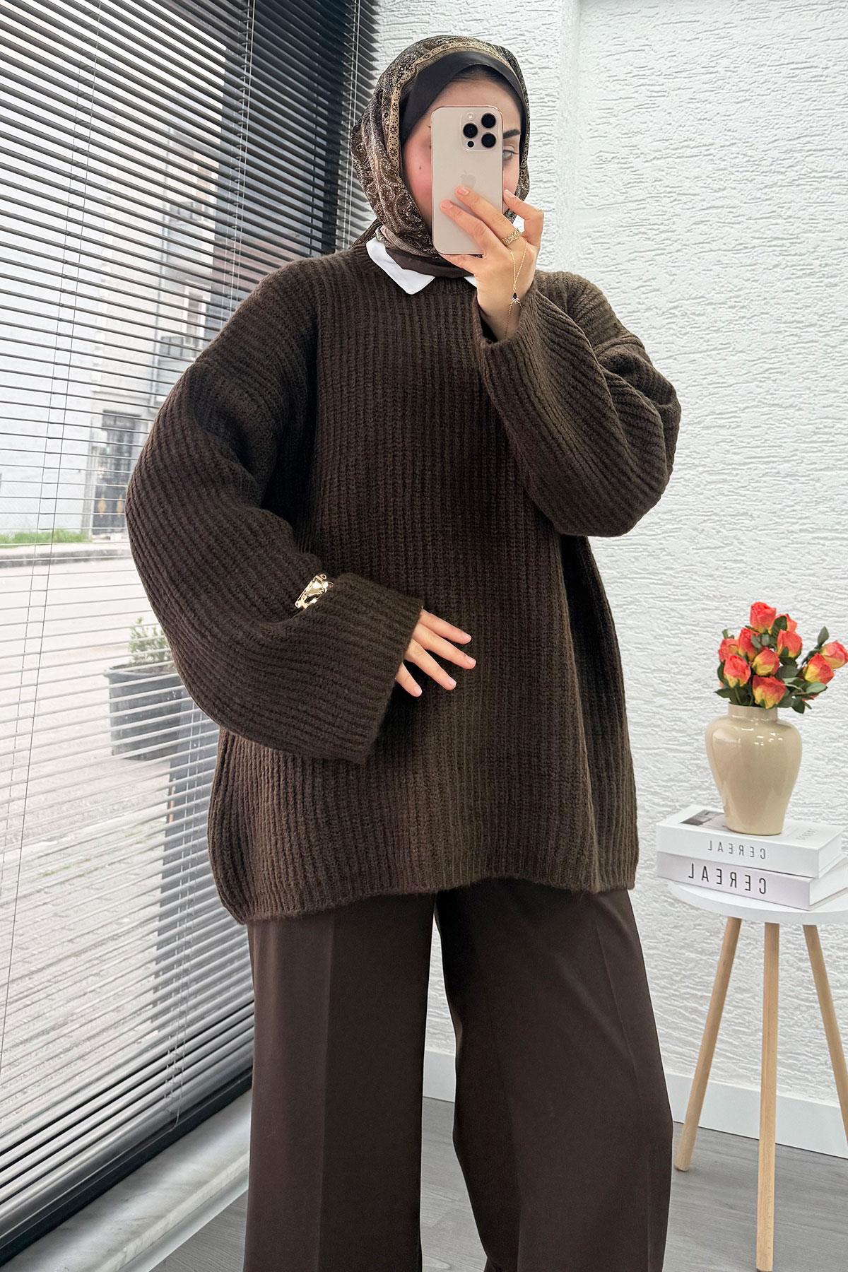 Premium Oversize Basic Kadın Triko Kazak – Kahverengi