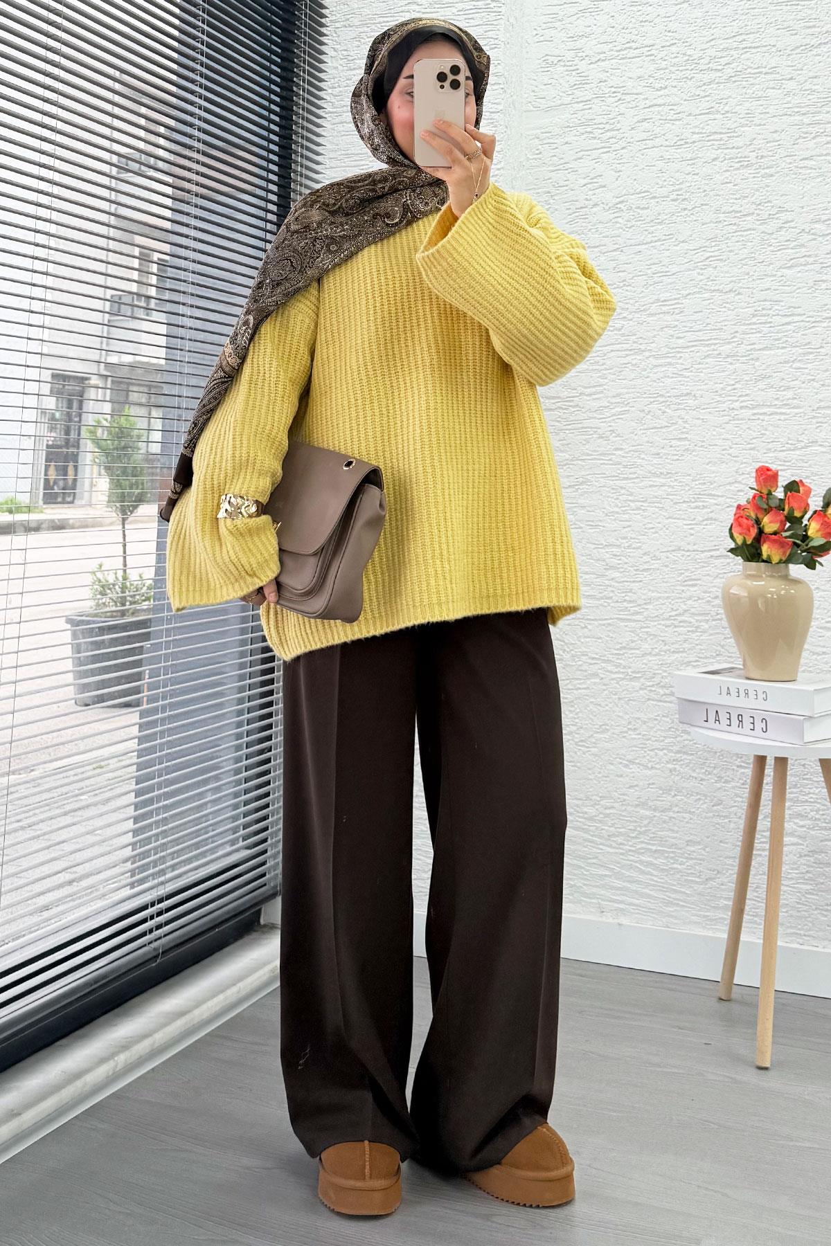 Premium Oversize Basic Kadın Triko Kazak – Sarı