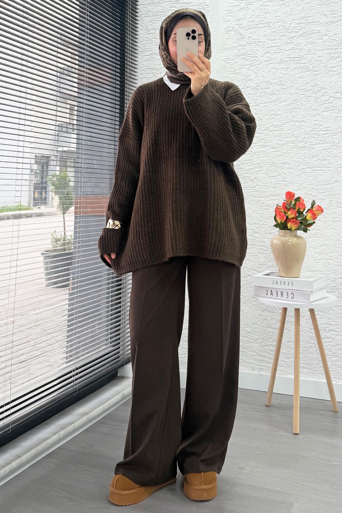 Premium Oversize Basic Kadın Triko Kazak – Kahverengi