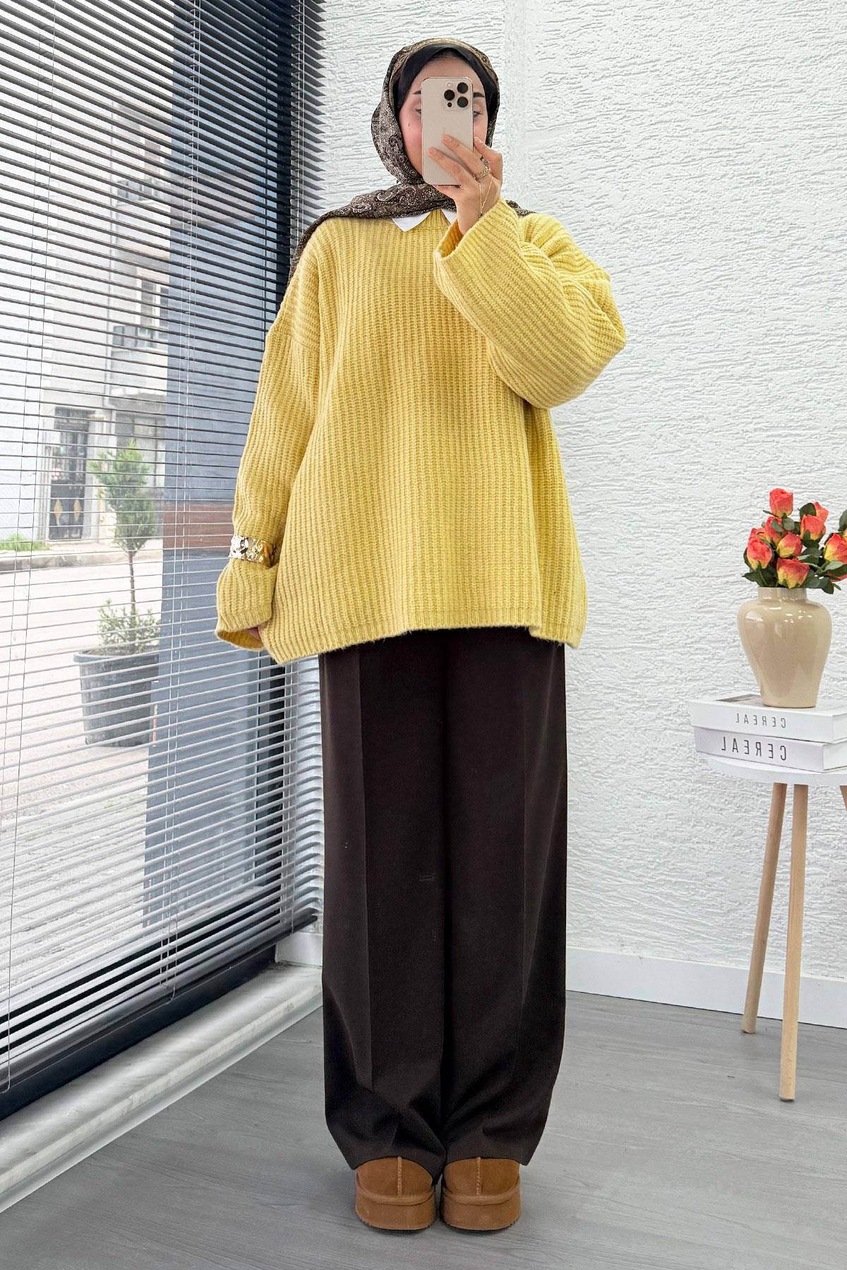 Premium Oversize Basic Kadın Triko Kazak – Sarı