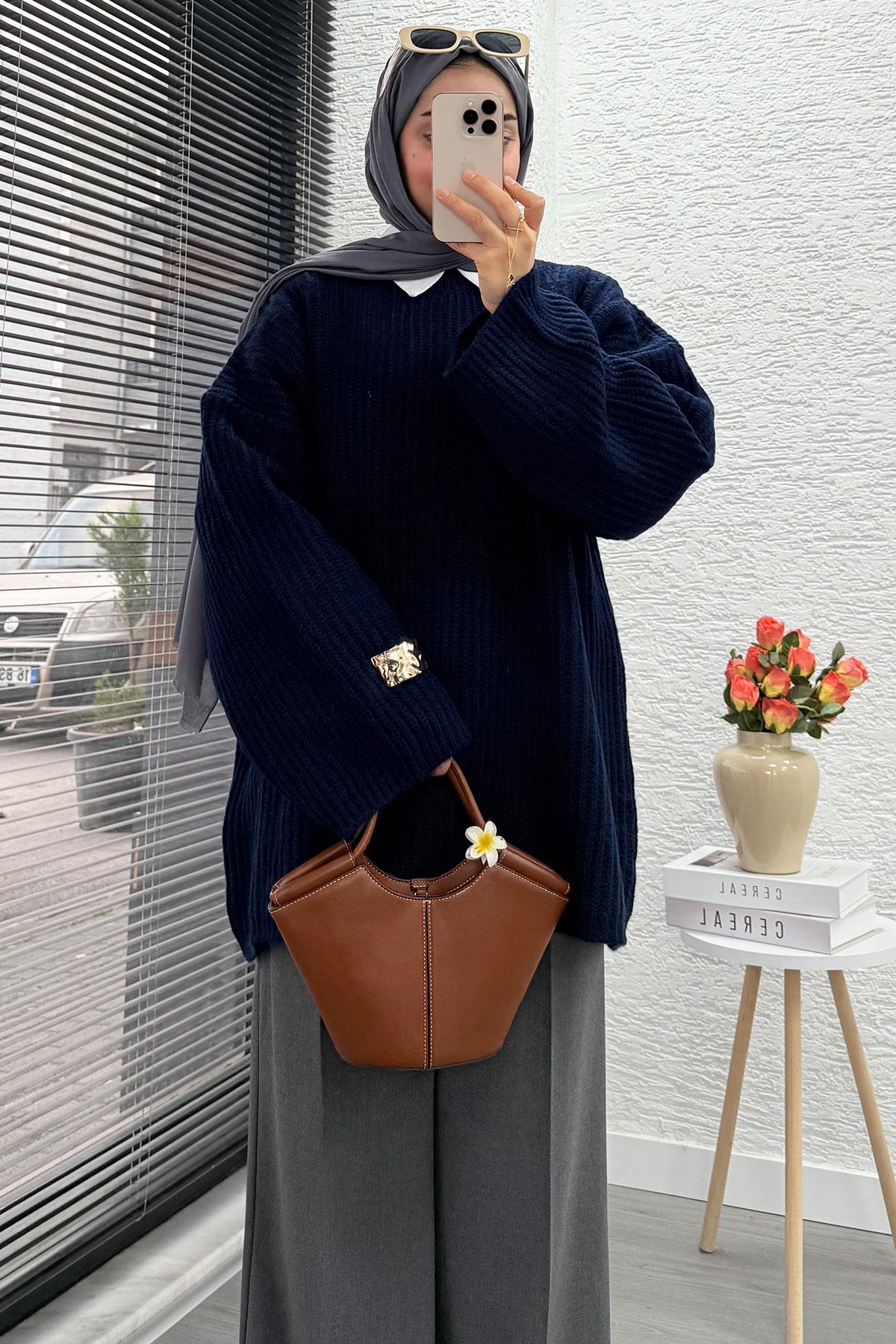 Premium Oversize Basic Kadın Triko Kazak – Lacivert