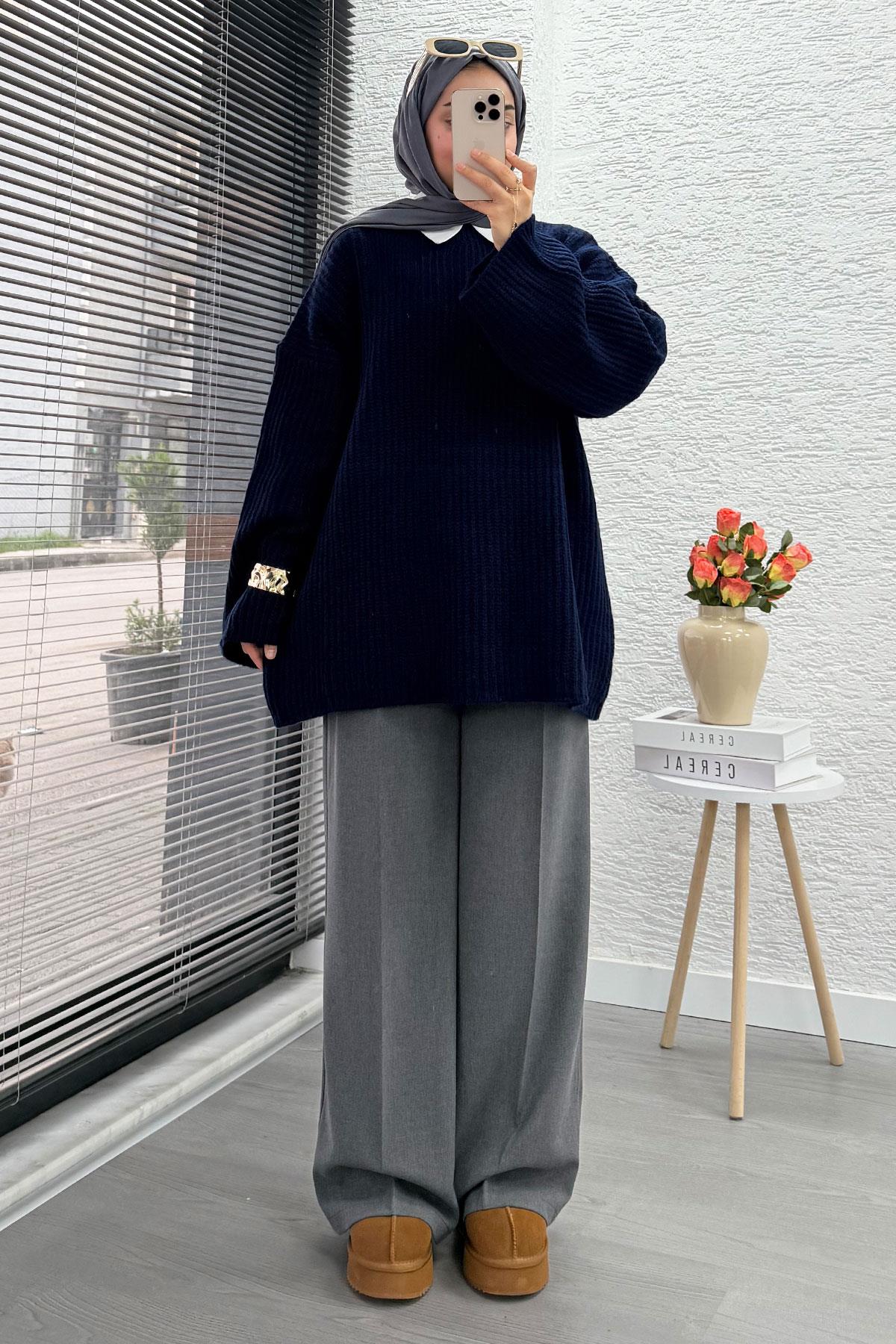 Premium Oversize Basic Kadın Triko Kazak – Lacivert