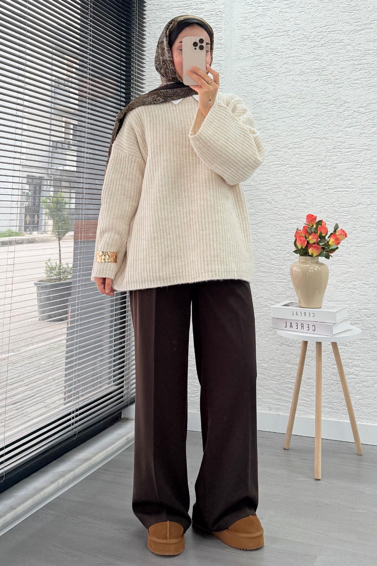 Premium Oversize Basic Kadın Triko Kazak – Krem