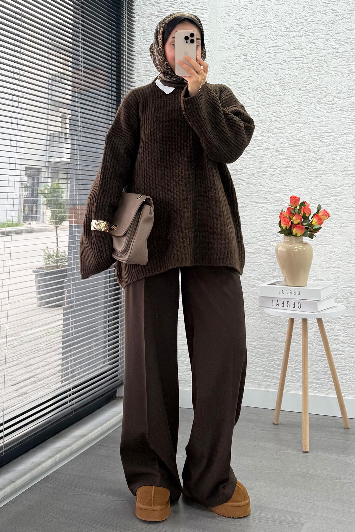 Premium Oversize Basic Kadın Triko Kazak – Kahverengi