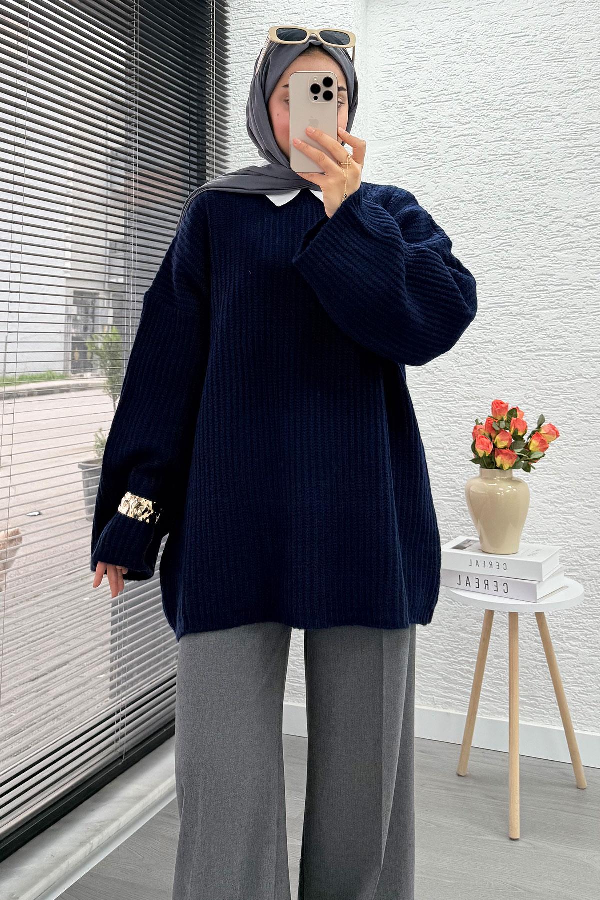 Premium Oversize Basic Kadın Triko Kazak – Lacivert