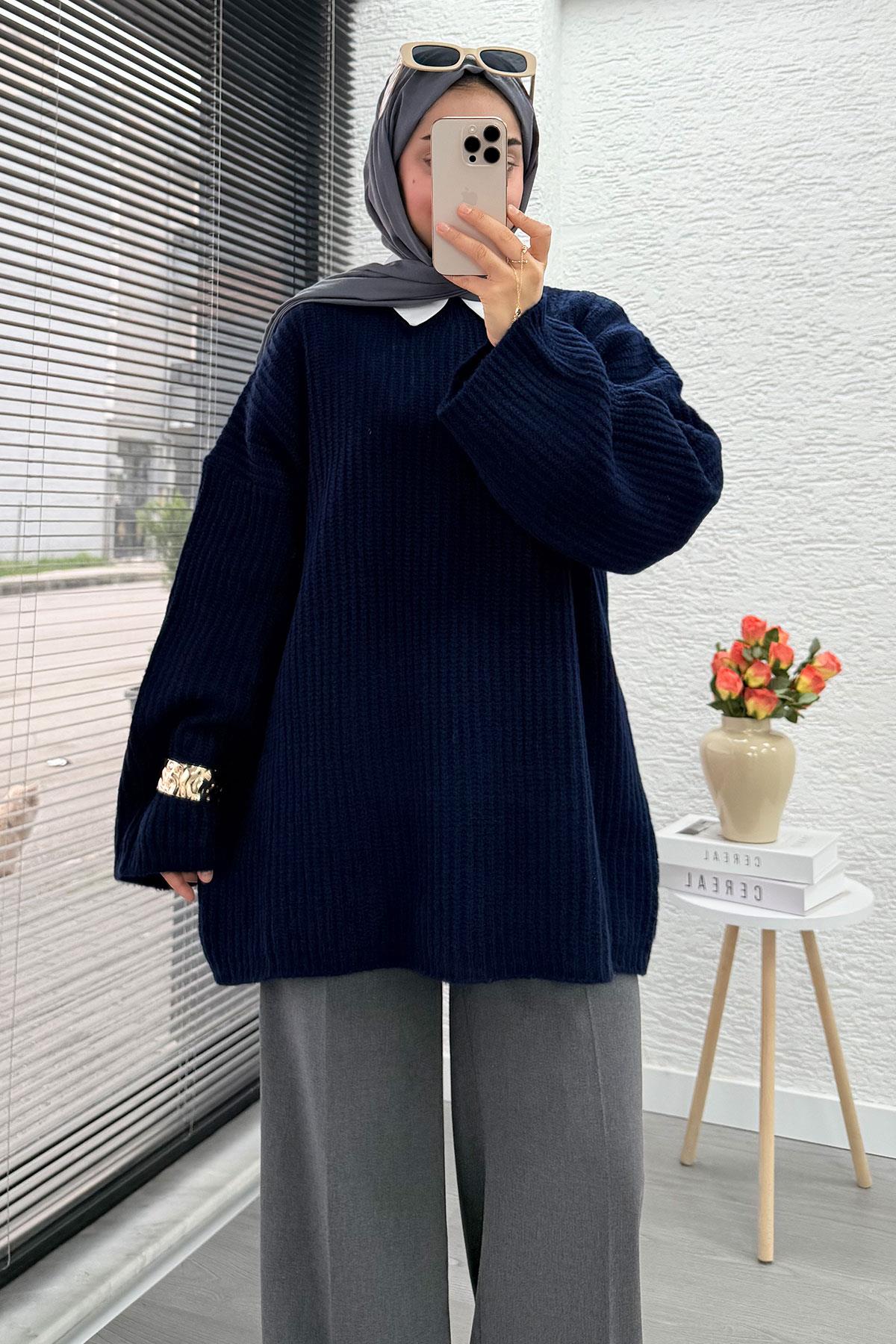 Premium Oversize Basic Kadın Triko Kazak – Lacivert