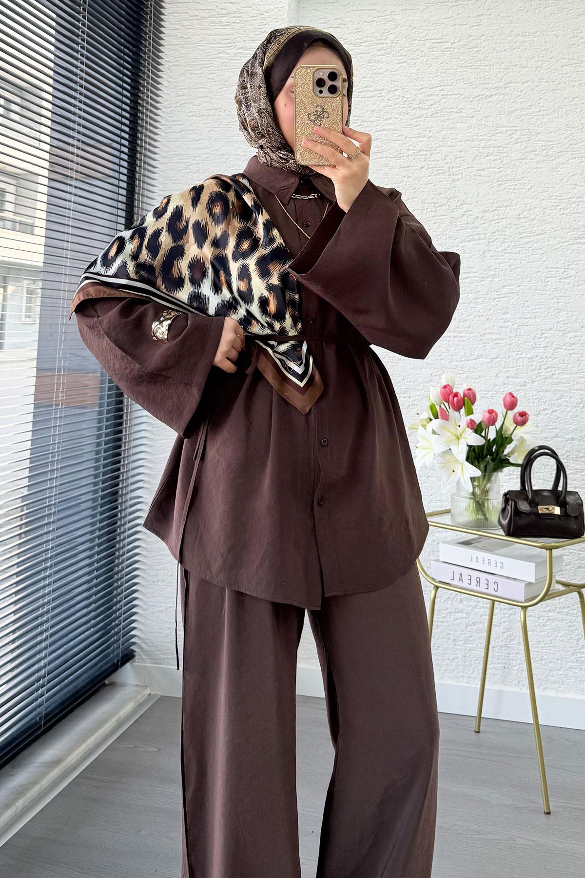 Premium Oversize Basic Modal Kadın İkili Takım - Kahverengi
