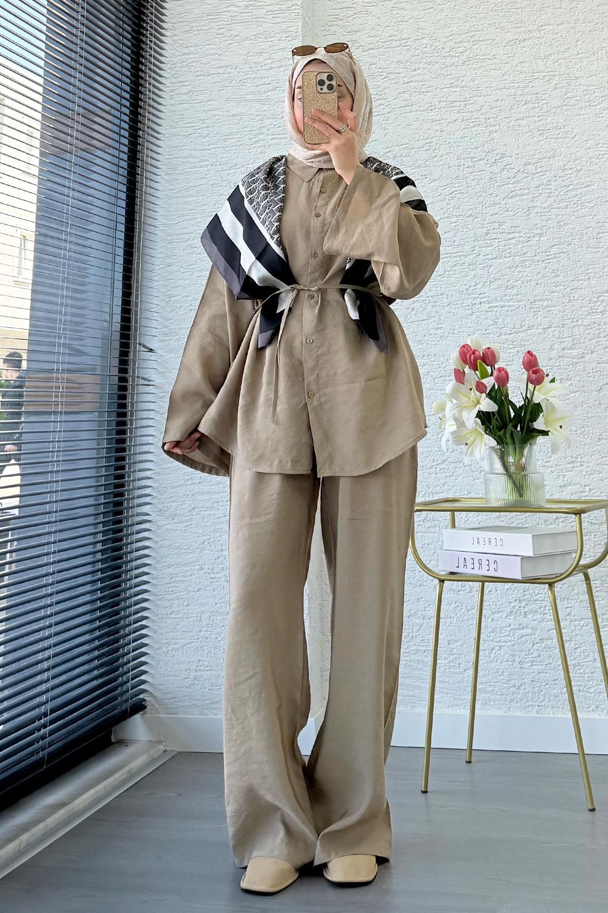 Premium Oversize Basic Modal Kadın İkili Takım - Vizon