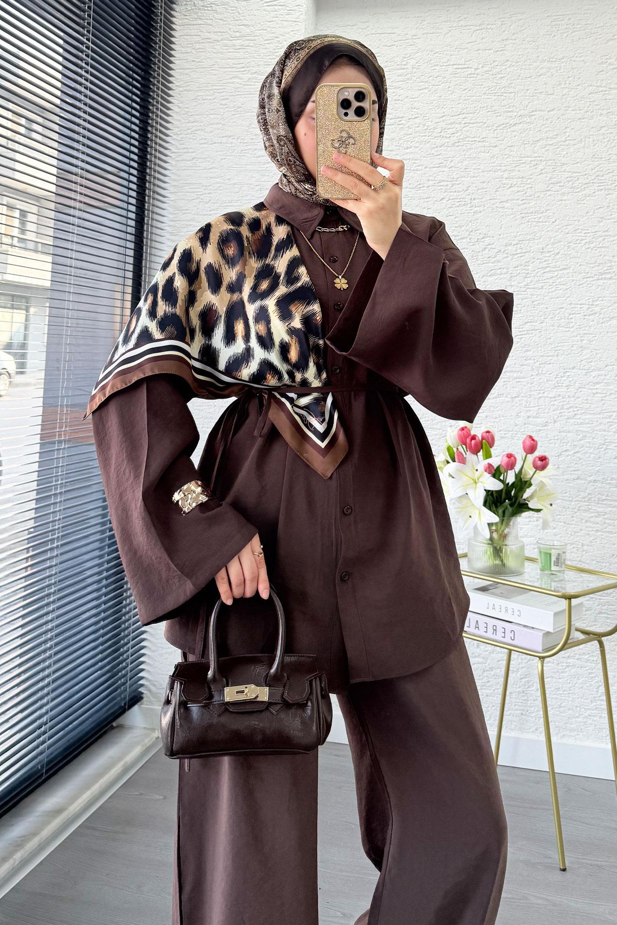 Premium Oversize Basic Modal Kadın İkili Takım - Kahverengi