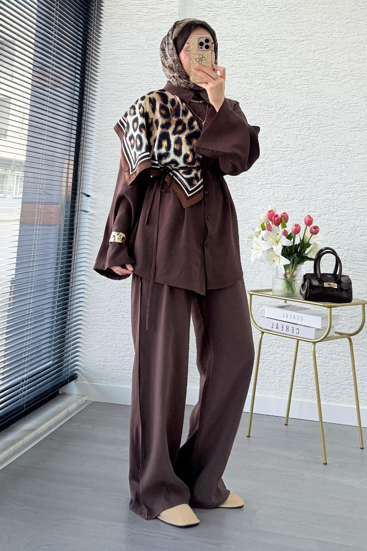 Premium Oversize Basic Modal Kadın İkili Takım - Kahverengi