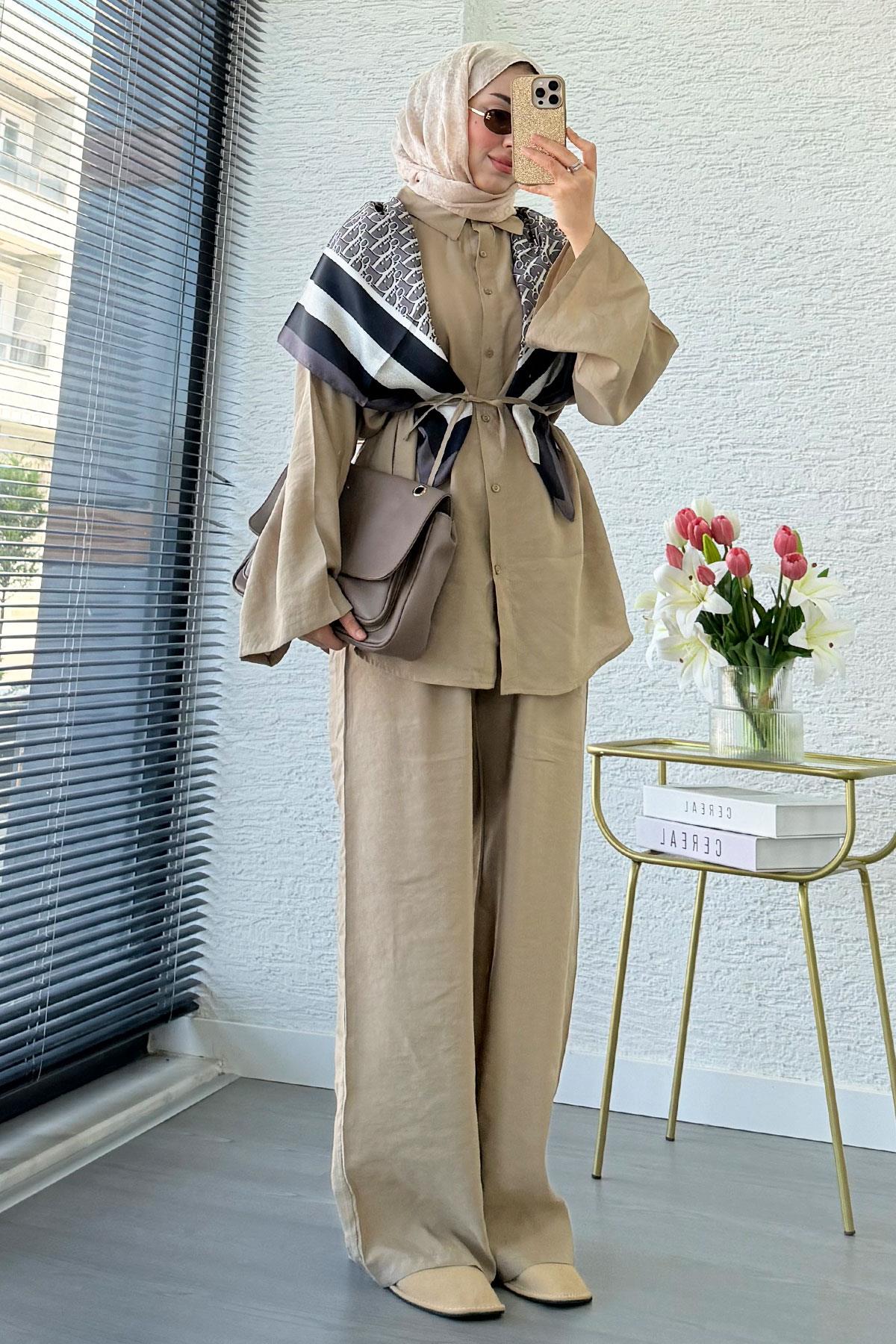 Premium Oversize Basic Modal Kadın İkili Takım - Vizon