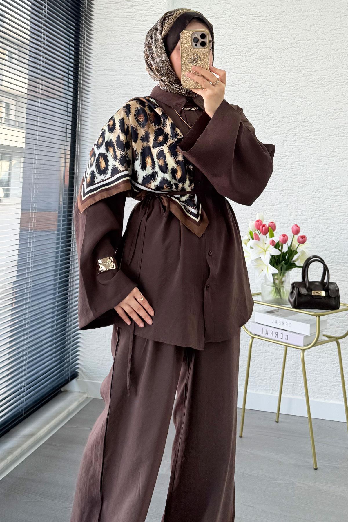 Premium Oversize Basic Modal Kadın İkili Takım - Kahverengi