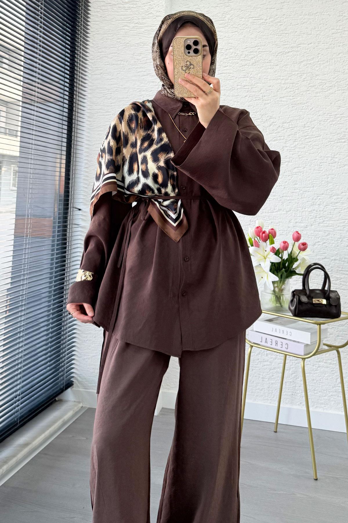 Premium Oversize Basic Modal Kadın İkili Takım - Kahverengi
