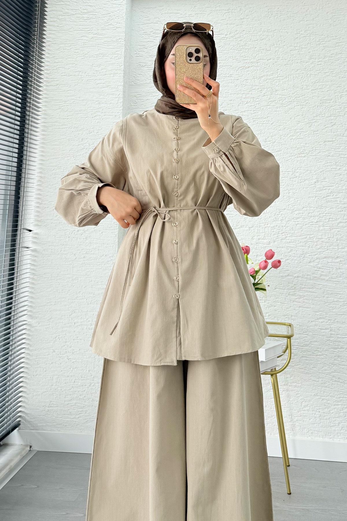 Premium Oversize Birit Düğmeli Keten Takım - Çağla